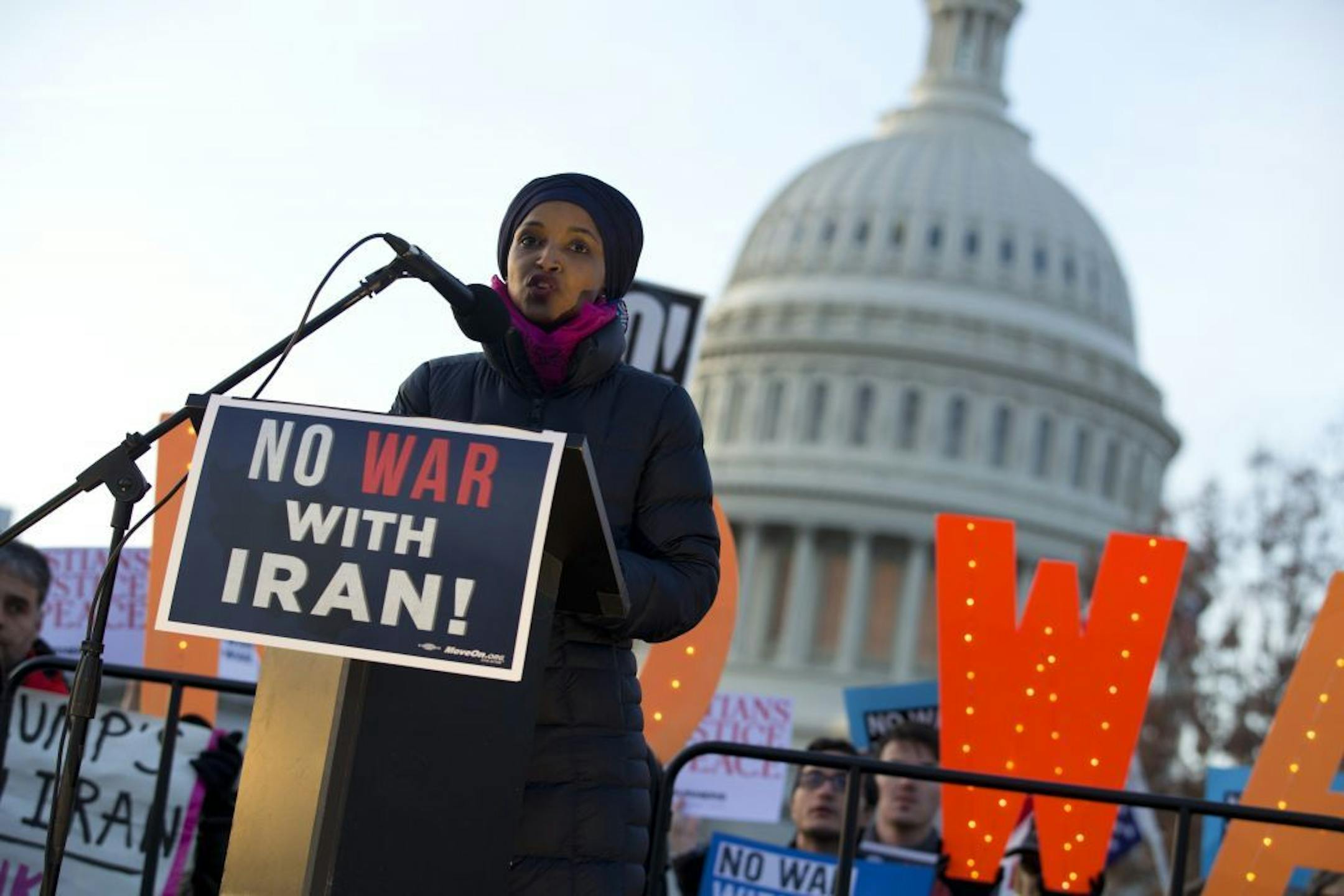 Rep. Ilhan Omar, D-Minn. speaks during the rally outside of the U.S. Capitol, during a house vote to measure limiting President Donald Trump's ability to take military action against Iran, on Capitol Hill, in Washington, Thursday, Jan. 9, 2020.