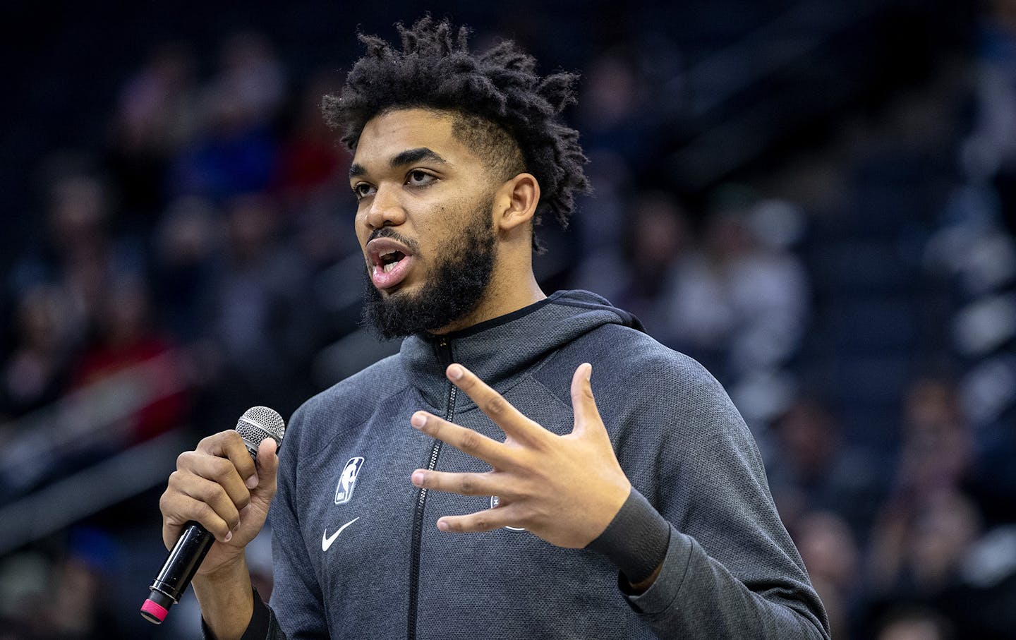 Minnesota Timberwolves center Karl-Anthony Towns addresses the crowd at Target Center about Kobe Bryant and his daughter Gianna before the start of Monday night's game on Jan. 27, 2020 at the Target Center in Minneapolis, Minn. Towns said Wednesday that his mother is in the hospital battling COVID-19. (Carlos Gonzalez/Minneapolis Star Tribune/TNS) ORG XMIT: 1616864 ORG XMIT: MIN2003251336183293