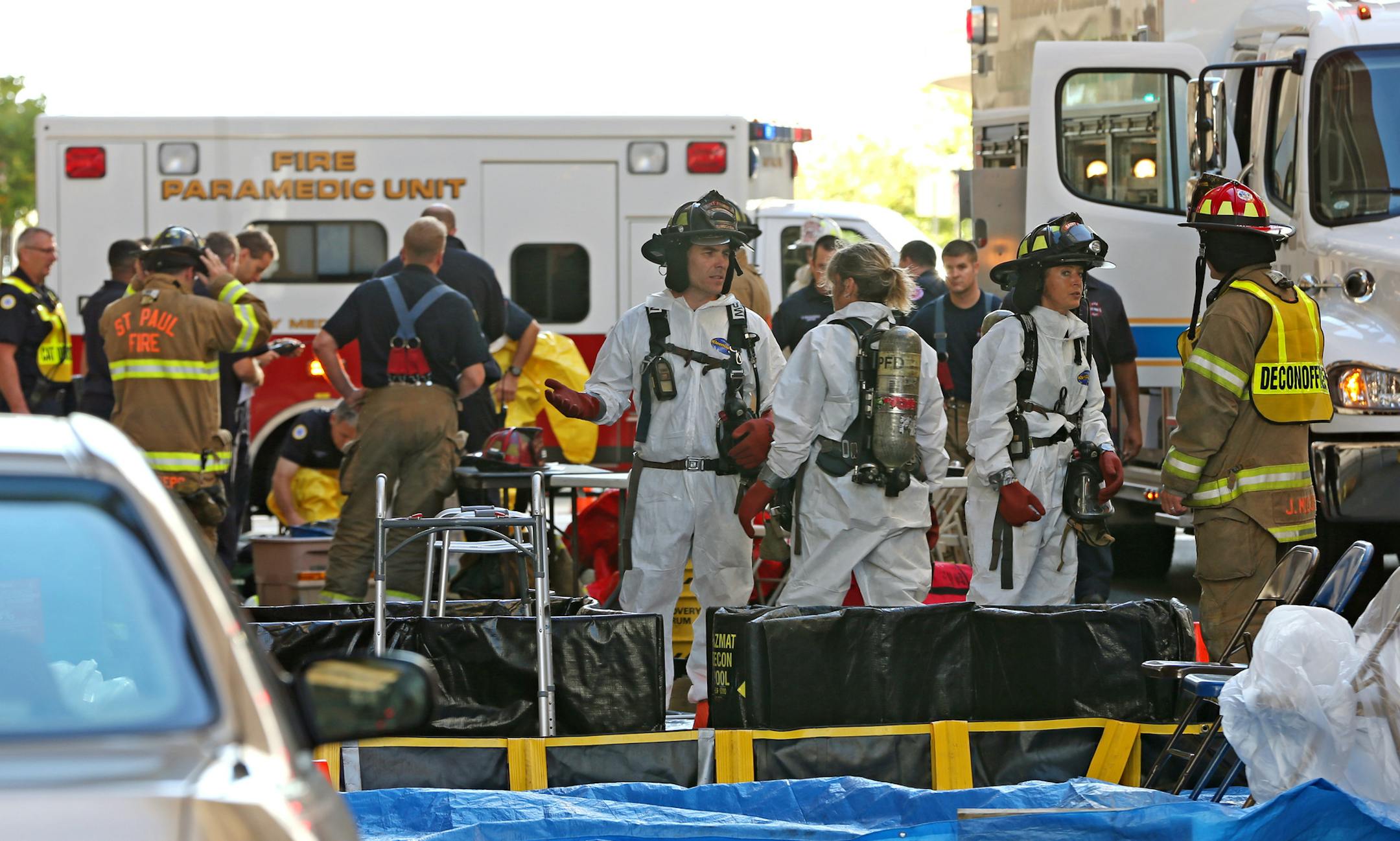 A janitor mistakenly mixed chlorine and sulfuric acid Tuesday morning in a high-rise that houses the St. Paul Athletic Club and a hotel, sending off fumes that sickened him, forced the building‚Äôs evacuation and has part of the skyway system and a block of Cedar Street below closed, authorities said. The incident began about 7:30 a.m., 10/1/13, when the janitor set off fumes on the seventh floor, said Fire Marshal Steve Zaccard. There is a pool on the eighth floor, he added. As