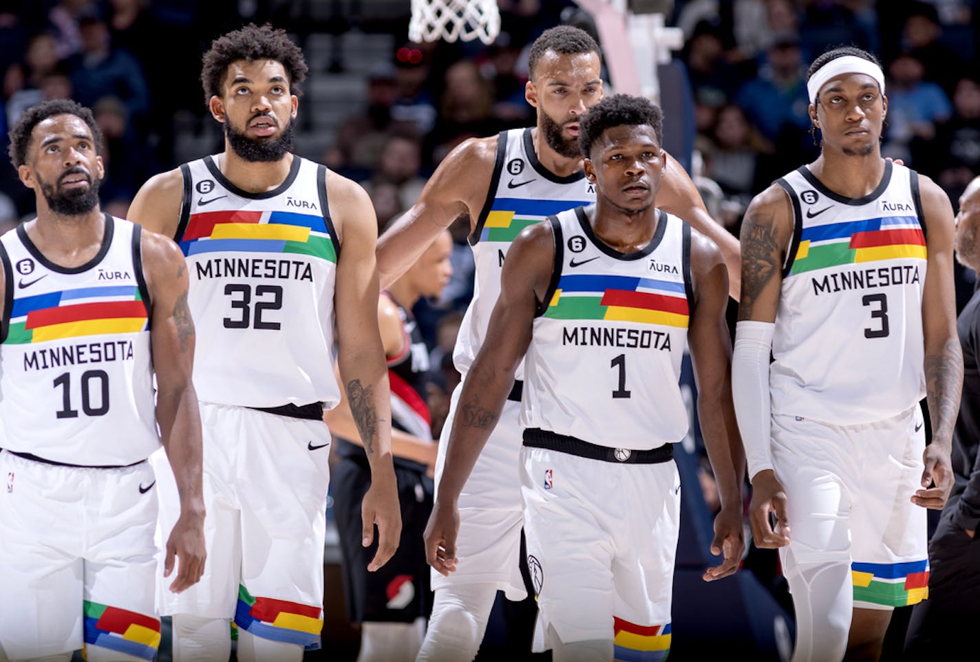 Minnesota Timberwolves Mike Conley (10), Karl Anthony-Towns (32), Rudy Gobert (27) Anthony Edwards (1) and Jaden McDaniels (3) Sunday, March 2, 2023, at Target Center in Minneapolis, Minn. ] CARLOS GONZALEZ • carlos.gonzalez@startribune.com.