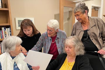 Members of the writers’ group at the Waters in Edina include (from left) Anne Franco, volunteer leader Kathleen Novak, Sally Stein, Mary Ann Hansen 