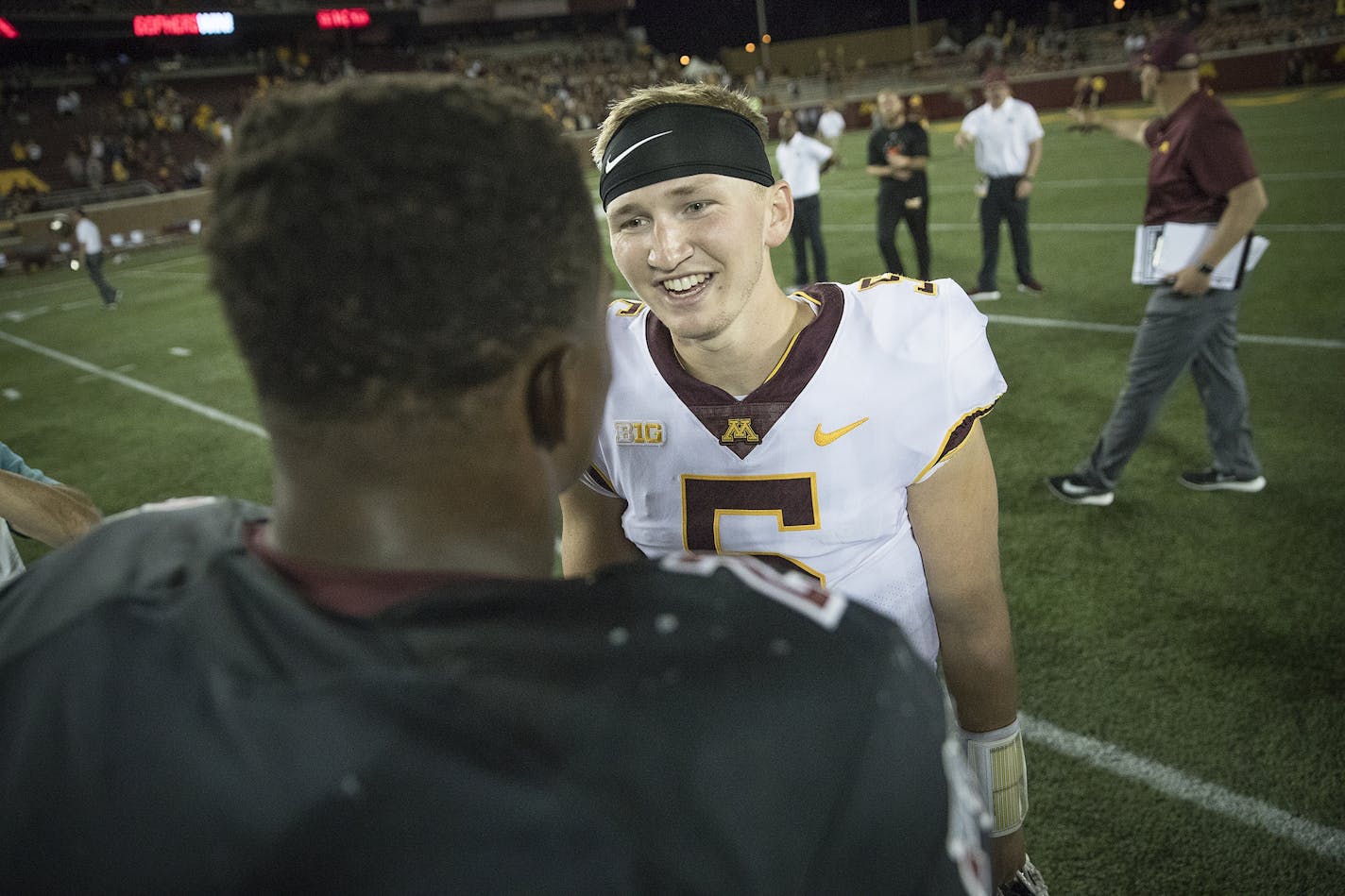 Minnesota's quarterback Zack Annexstad greeted New Mexico players after Minnesota defeated New Mexico State 48-10 at TCF Bank Stadium, Thursday, August 30, 2018 in Minneapolis, MN.