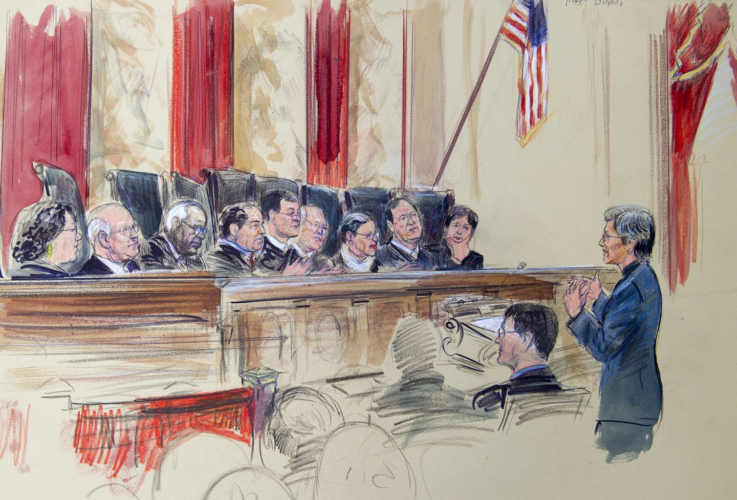 This artist rendering shows civil rights lawyer Mary Bonauto right. arguing before the Supreme Court during its hearing on same-sex marriage, Tuesday, April 28, 2015, in Washington. Justices, from left are, Sonia Sotomayor, Stephen Breyer, Clarence Thomas, Antonin Scalia, Chief Justice John Roberts, Anthony Kennedy, Ruth Bader Ginsburg, Samuel Alito Jr., and Elena Kagan. (AP Photo/Dana Verkouteren)