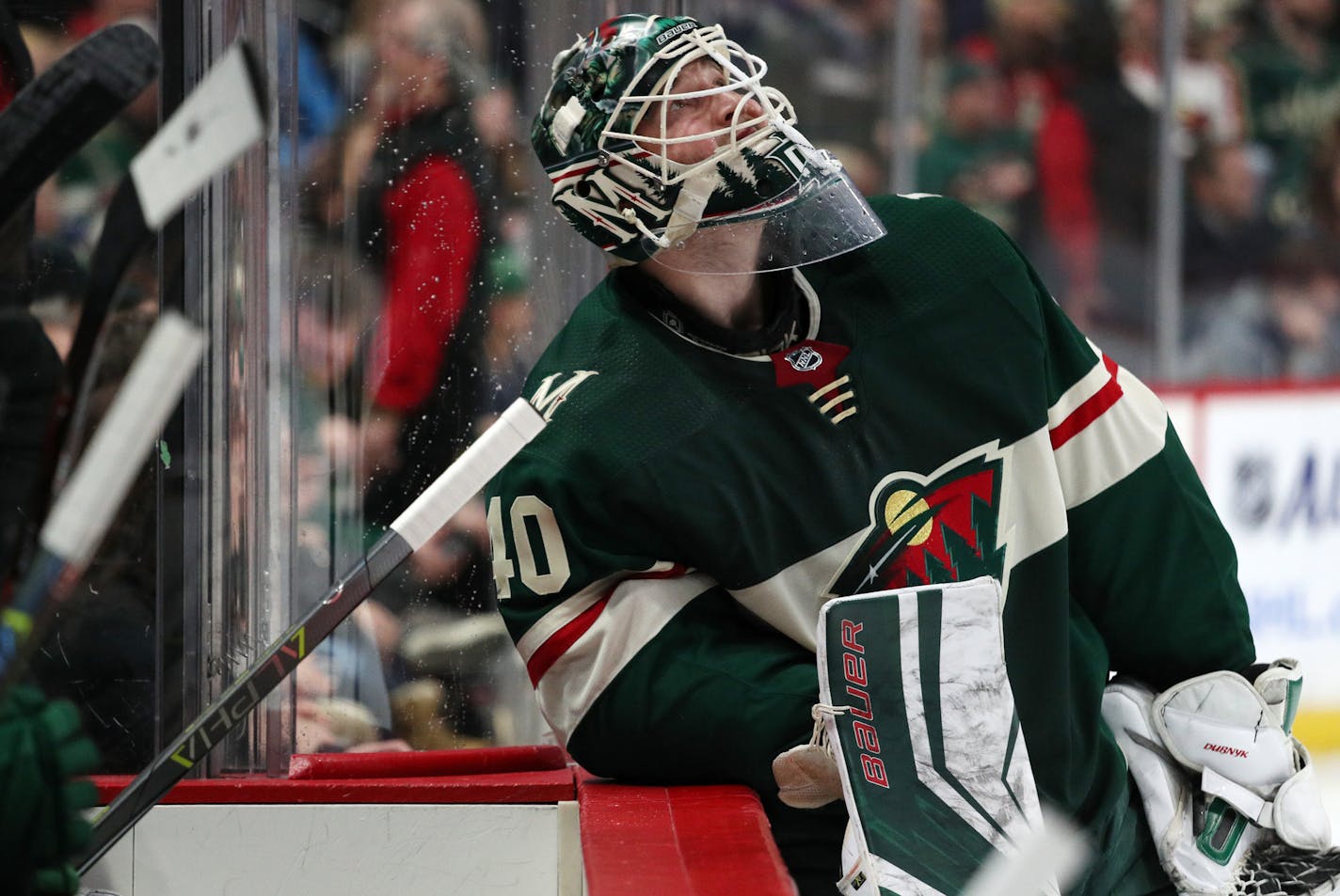 Minnesota Wild goaltender Devan Dubnyk (40) watched the replay from the bench after he was unable to make the save in the first period. ] ANTHONY SOUFFLE &#xef; anthony.souffle@startribune.com The Minnesota Wild played the Nashville Predators in an NHL game Friday, Dec. 29, 2017 at the Xcel Energy Center in St. Paul, Minn.