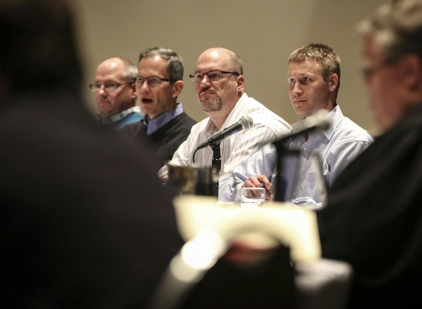 Representatives of the Sandpiper pipeline project, including project manager Paul Eberth (facing at right) listened to public comments during the first of five public hearings on the need for Enbridge Energy's $2.6B Sandpiper pipeline to carry crude oil across northern Minnesota on Monday, January 5, 2014, at the RiverCentre in St. Paul, Minn. ] REN&#xc9;E JONES SCHNEIDER &#x2022; renee.jones@startribune.com