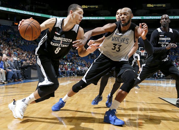 Zach LaVine (8) was defended by Adreian Payne during a Timberwolves team scrimmage on Monday.