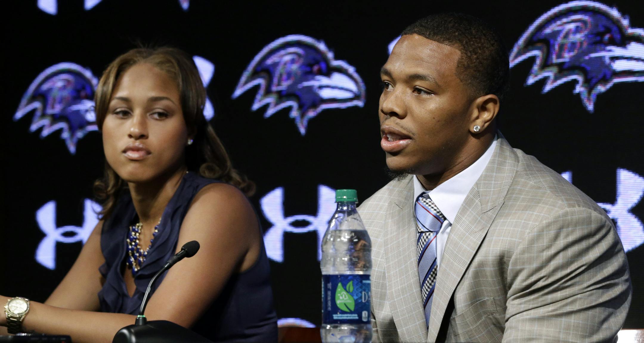FILE - In this May 23, 2014, file photo, Baltimore Ravens running back Ray Rice, right, speaks alongside his wife, Janay, during a news conference at the team's practice facility in Owings Mills, Md. A new video that appears to show Ray Rice striking then-fiance Janay Palmer in an elevator last February has been released on a website. (AP Photo/Patrick Semansky, File)