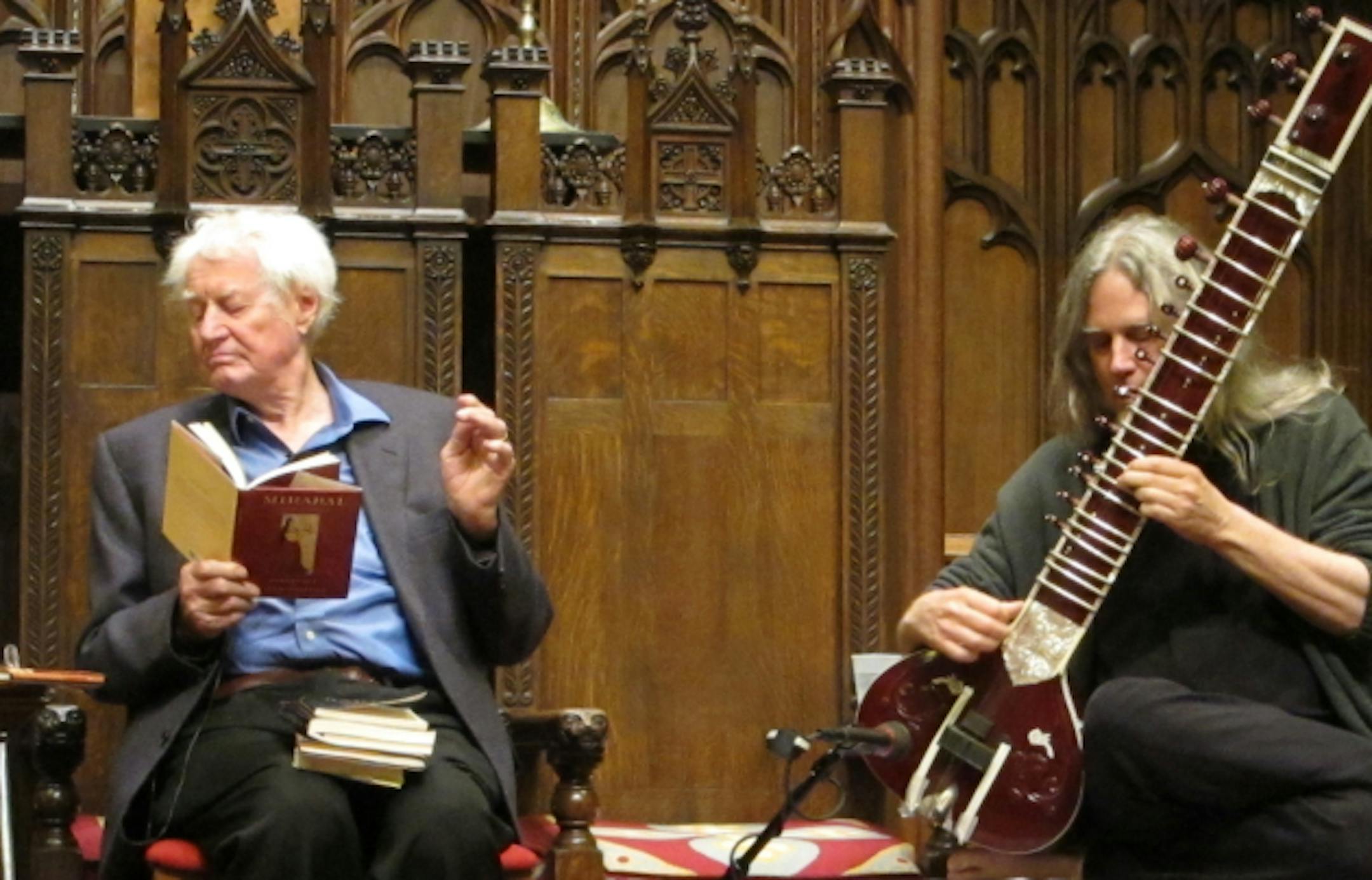 Robert Bly and David Whetstone, at the launch of Bly's latest collection, "Talking into the Ear of a Donkey." Photo by Laurie Hertzel