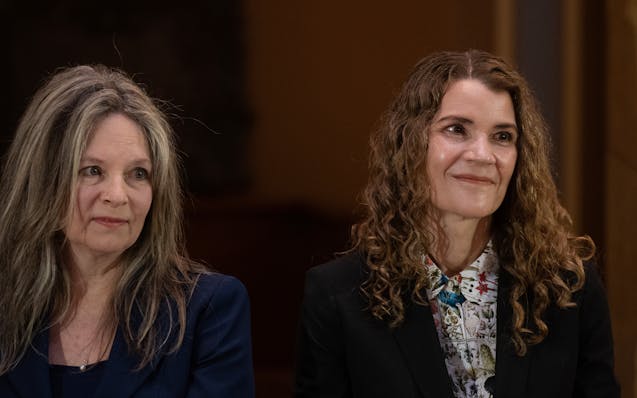 Justices Sarah Hennesy, left, and Theodora Gaïtas were appointed to the Minnesota Supreme Court at the State Capitol on Monday.