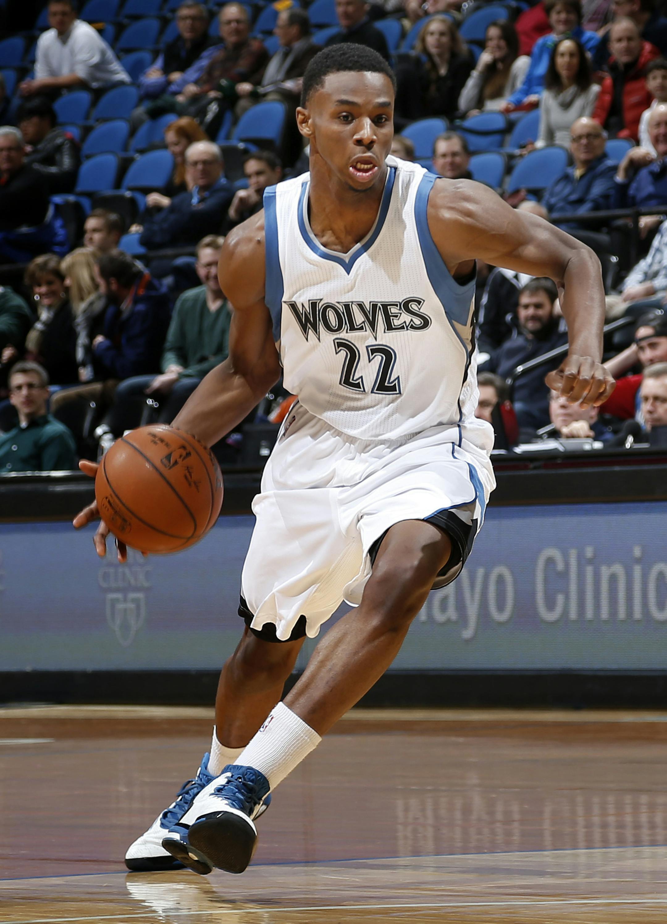 Andrew Wiggins (22) drove to the basket in the first quarter. ] CARLOS GONZALEZ cgonzalez@startribune.com, January 5, 2015, Minneapolis, Minn., Target Center, NBA, Minnesota Timberwolves vs. Denver Nuggets