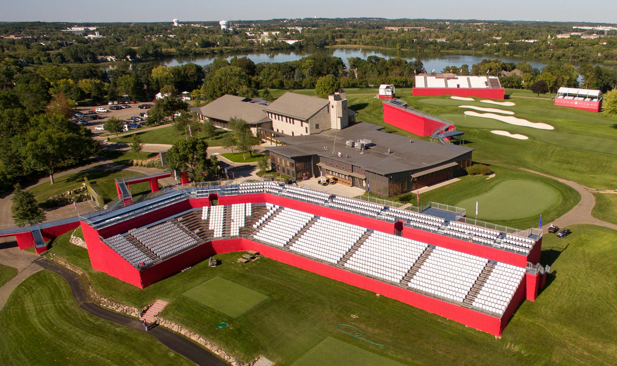 Grandstands tower above the tees at hole 1 of Hazeltine National Golf Club for the Ryder Cup. ] (AARON LAVINSKY/STAR TRIBUNE) aaron.lavinsky@startribune.com Special section preview photos for Ryder Cup at Hazeltine National Golf Club. Photographed Wednesday, Sept. 14, 2016 in Chaska, Minn.