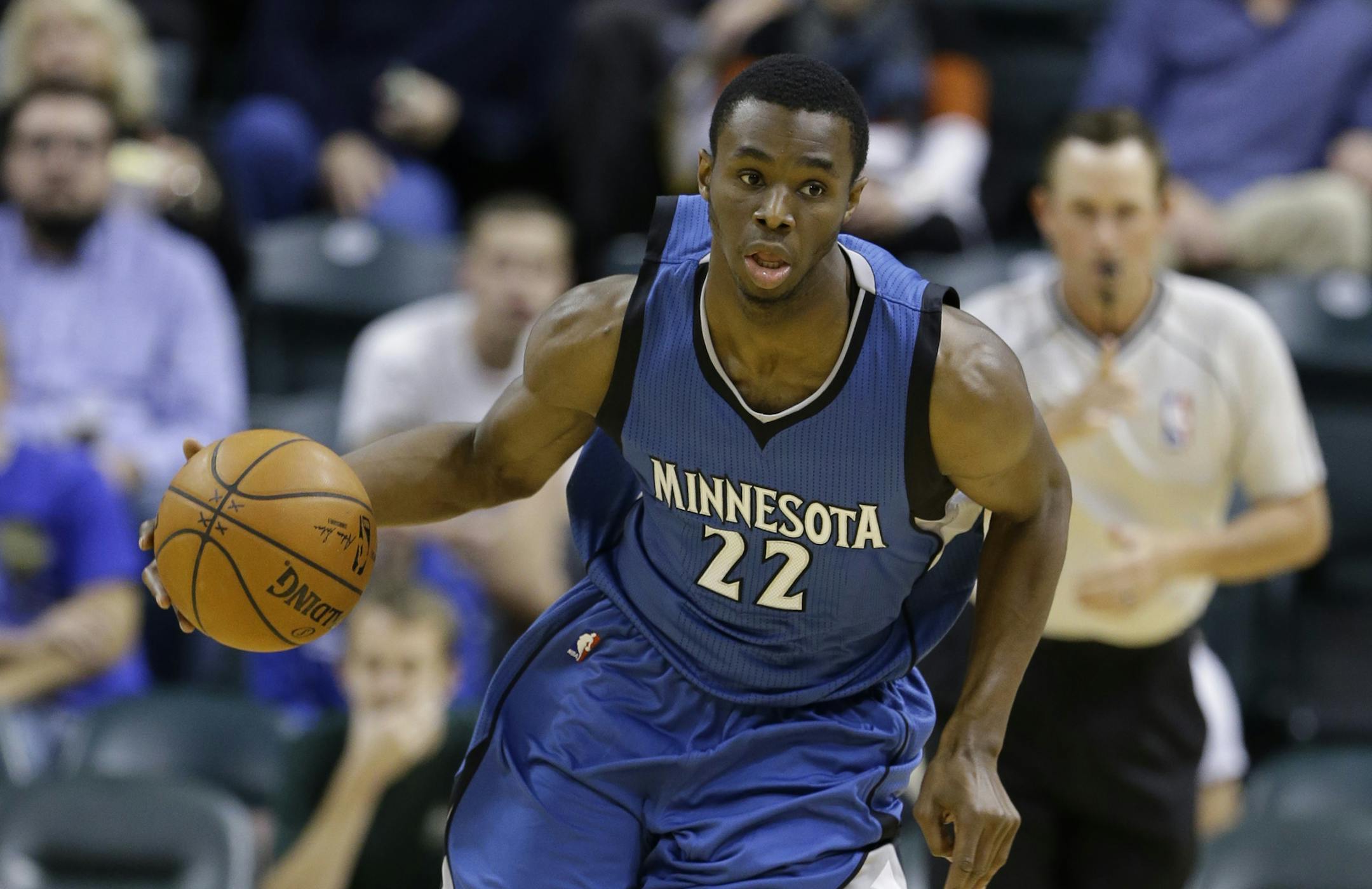 Wolves guard Andrew Wiggins brought the ball up court against the Indiana Pacers during the first half Tuesday