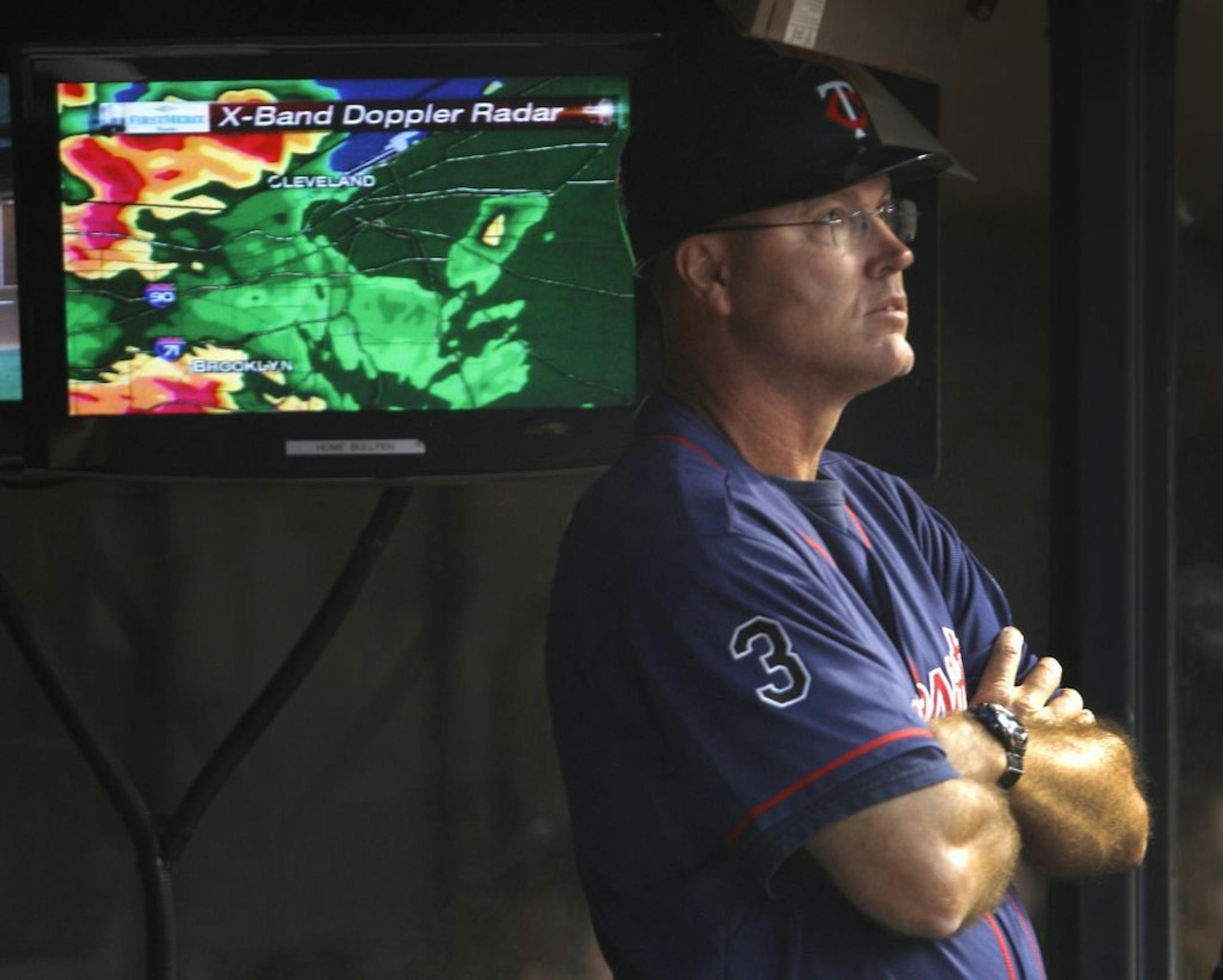 With the weather radar behind him showing lots of rain, Minnesota Twins third base coach Steve Liddle looked out from the dugout Sunday.