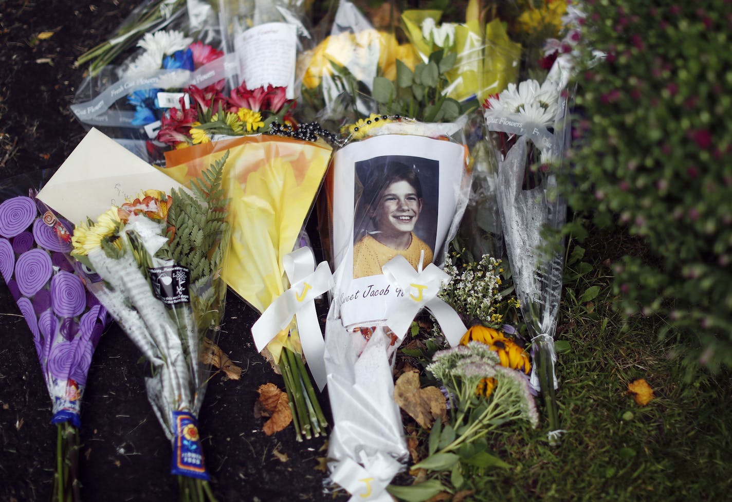 A photograph of Jacob Wetterling and flowers were placed at his parents home Sunday September 4,2016 in St. Joseph, MN.] Jerry Holt / jerry. Holt@Startribune.com