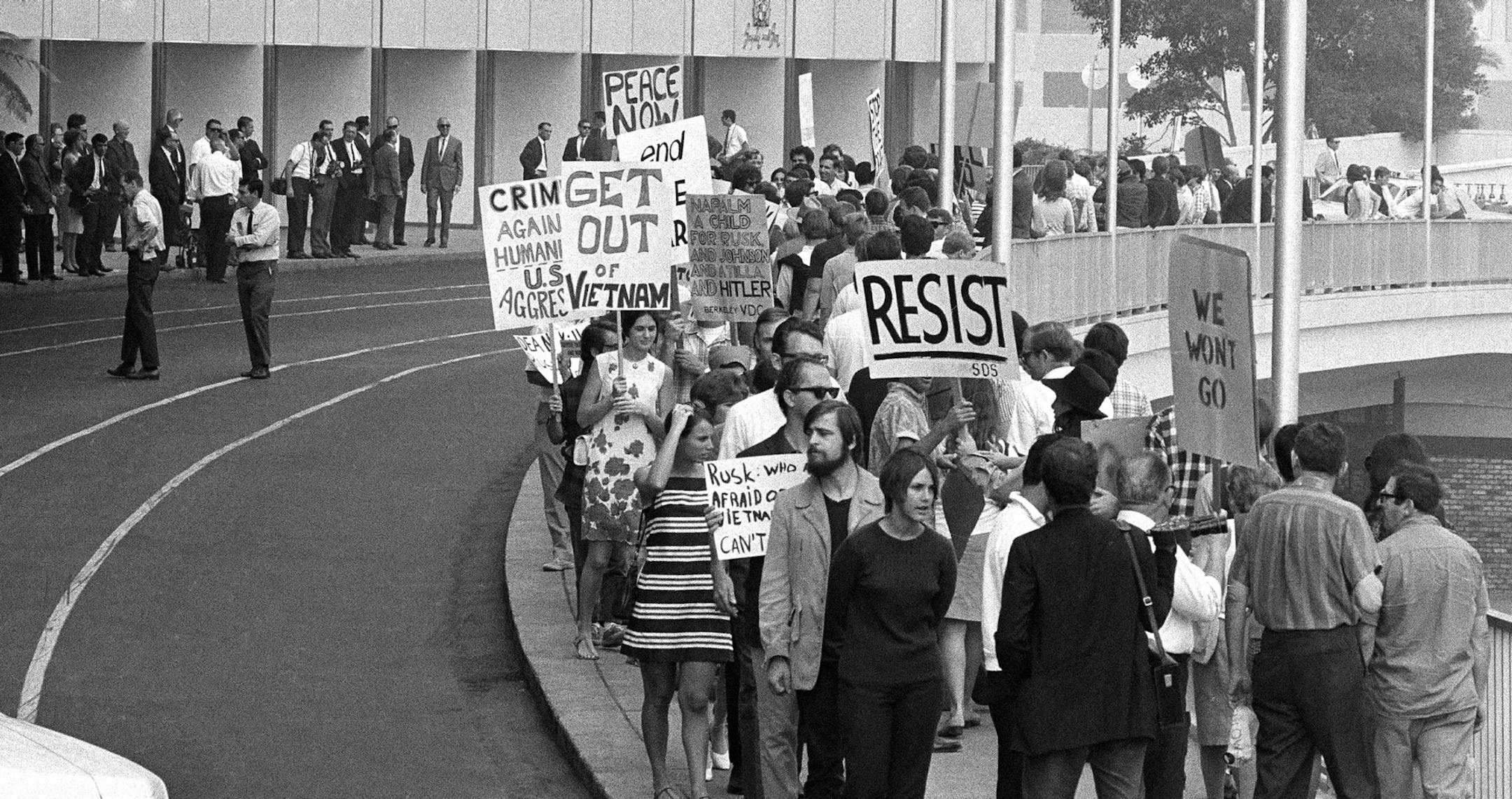 Anti-Vietnam War demonstrators protest in front of Century Plaza Hotel where Secretary of State Dean Rusk was speaking before the World Affairs Council in Los Angeles,Calif., Oct. 25, 1967. Pickets carried signs with phrases such as: "Secretary of Hate" and "Rusk Kills Children for Profit". (AP Photo) ORG XMIT: APHS455465 ORG XMIT: MIN1706141357184864