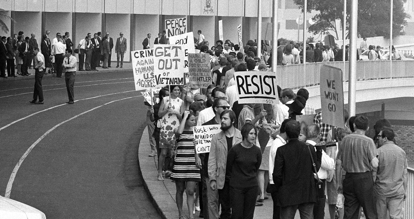 Anti-Vietnam War demonstrators protest in front of Century Plaza Hotel where Secretary of State Dean Rusk was speaking before the World Affairs Council in Los Angeles,Calif., Oct. 25, 1967. Pickets carried signs with phrases such as: "Secretary of Hate" and "Rusk Kills Children for Profit". (AP Photo) ORG XMIT: APHS455465 ORG XMIT: MIN1706141357184864