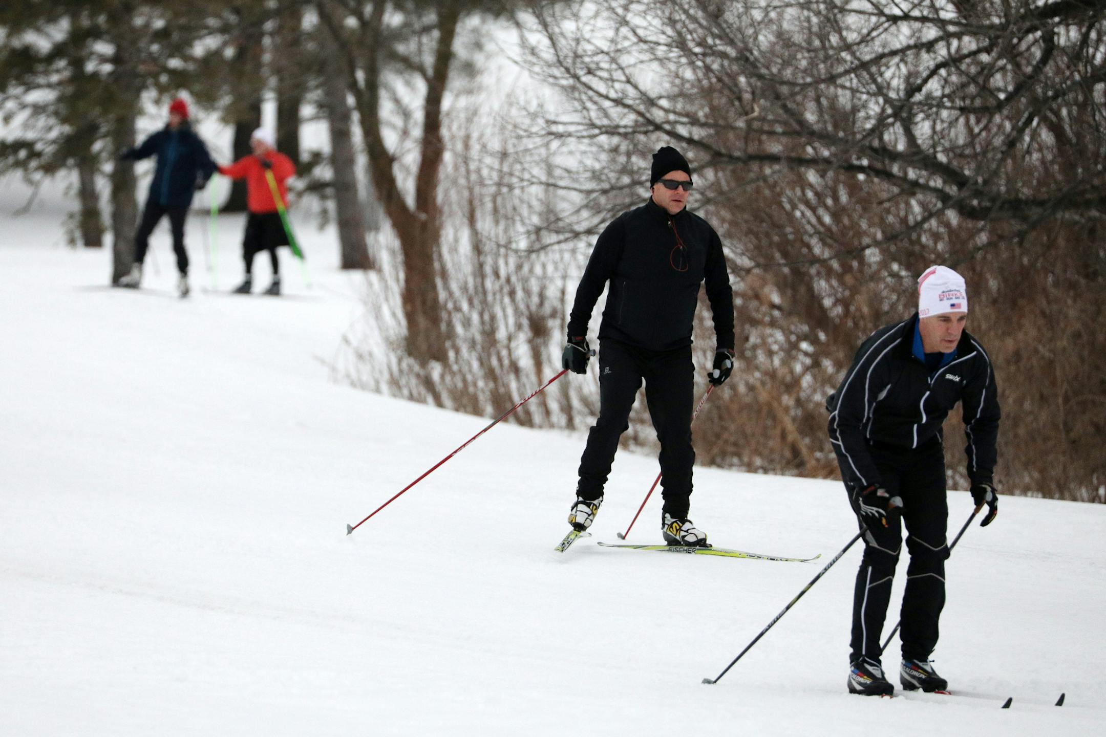 Mike Kirchmaier, center, of Edina skied the cross country course Wednesday at Theodore Wirth Park. Cross country skiers traversed the course at Theodore Wirth Park Wednesday, April 18, 2018 in Golden Valley, Minn.