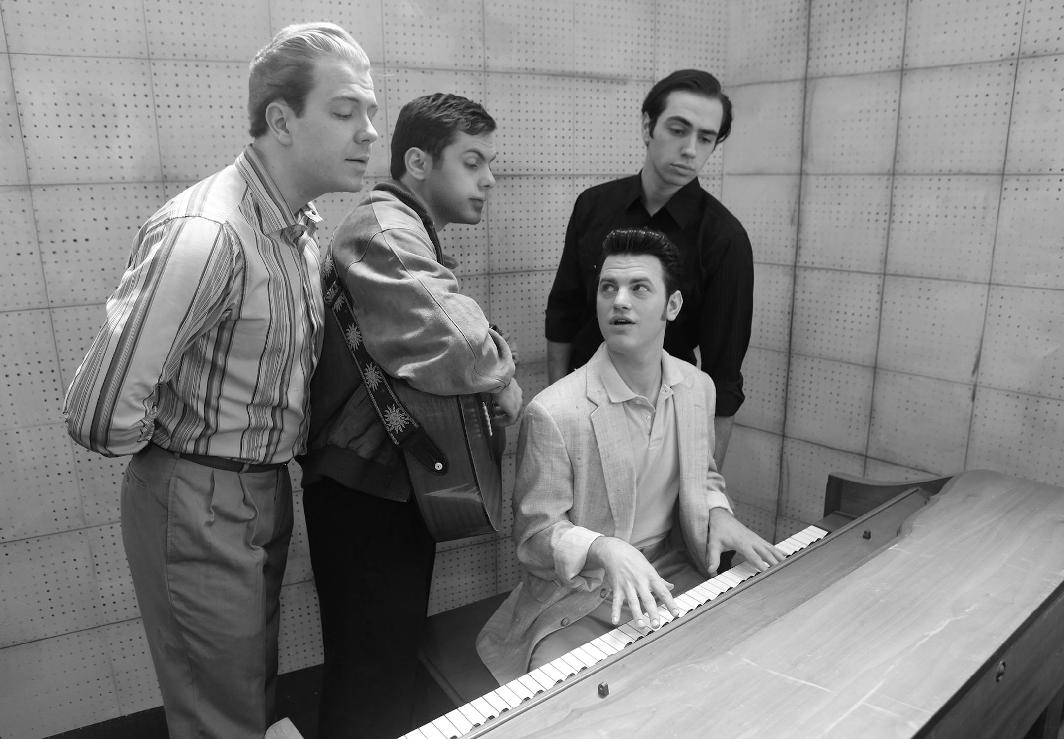 Eric Morris (Jerry Lee Lewis), Matt Tatone (Carl Perkins), Frank Moran (Elvis Presley) and Eric Sargent (Johnny Cash) from "Million Dollar Quartet" recreate a famous photo from Dec. 4, 1956. Photo credit: Old Log Theatre