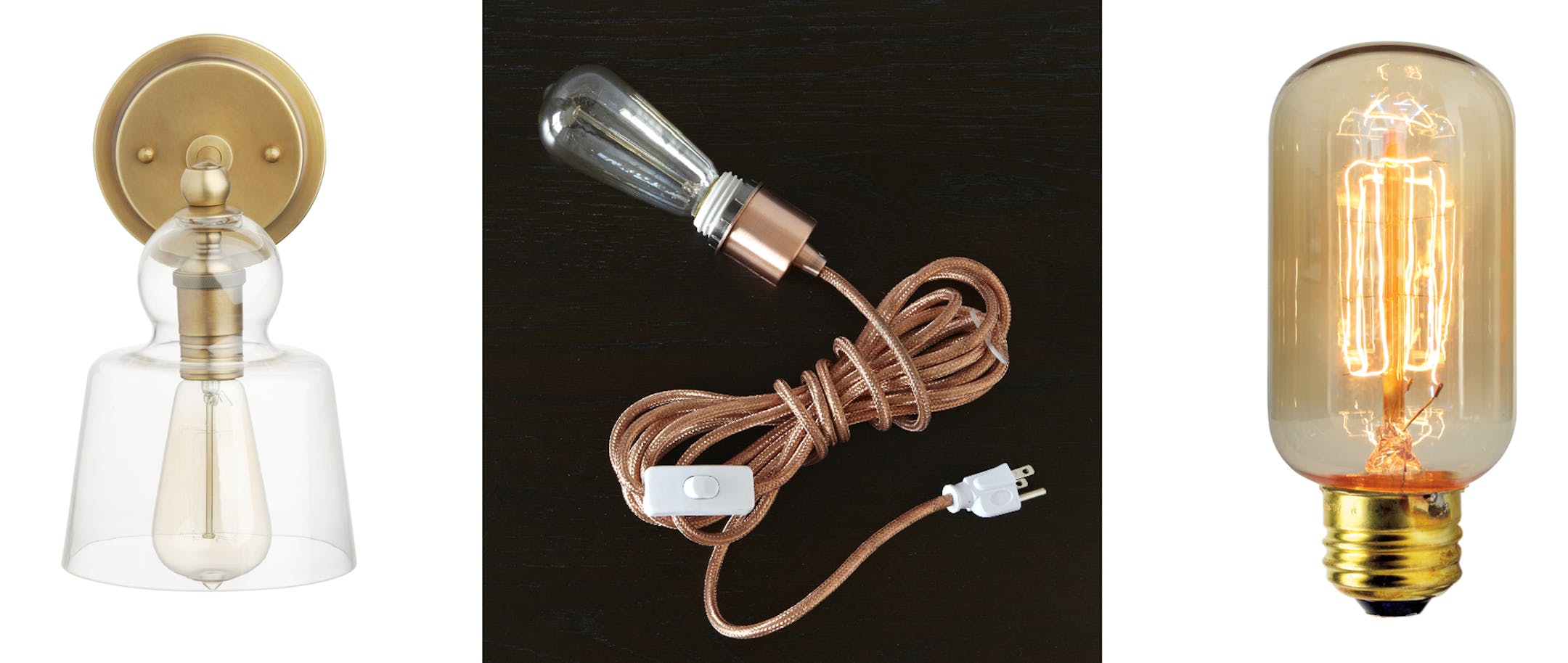 Decorative bulbs can add ambiance: from left, Lander Sconce with retro bulb; Tall Edison bulb; and Smokey 30s Radio-style Small Tungsten Filament Bulb. Illustrates DESIGN-LIGHTING (category l), by Lindsey M. Roberts, special to The Washington Post. Moved Tuesday, Feb. 19, 2013. (MUST CREDIT: Crate and Barrel; West Elm; Rejuvenation.)