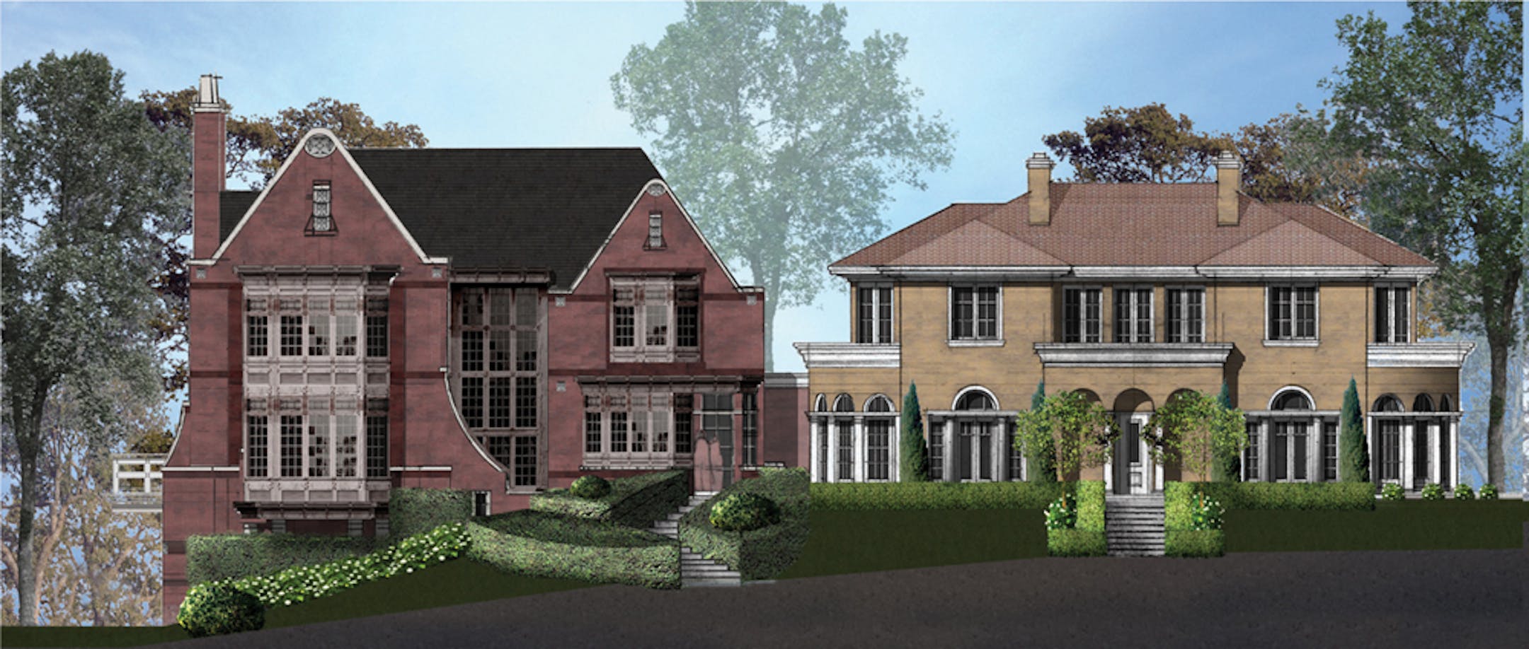 Trias Development renderings of the "Tudor" and "Palladian"