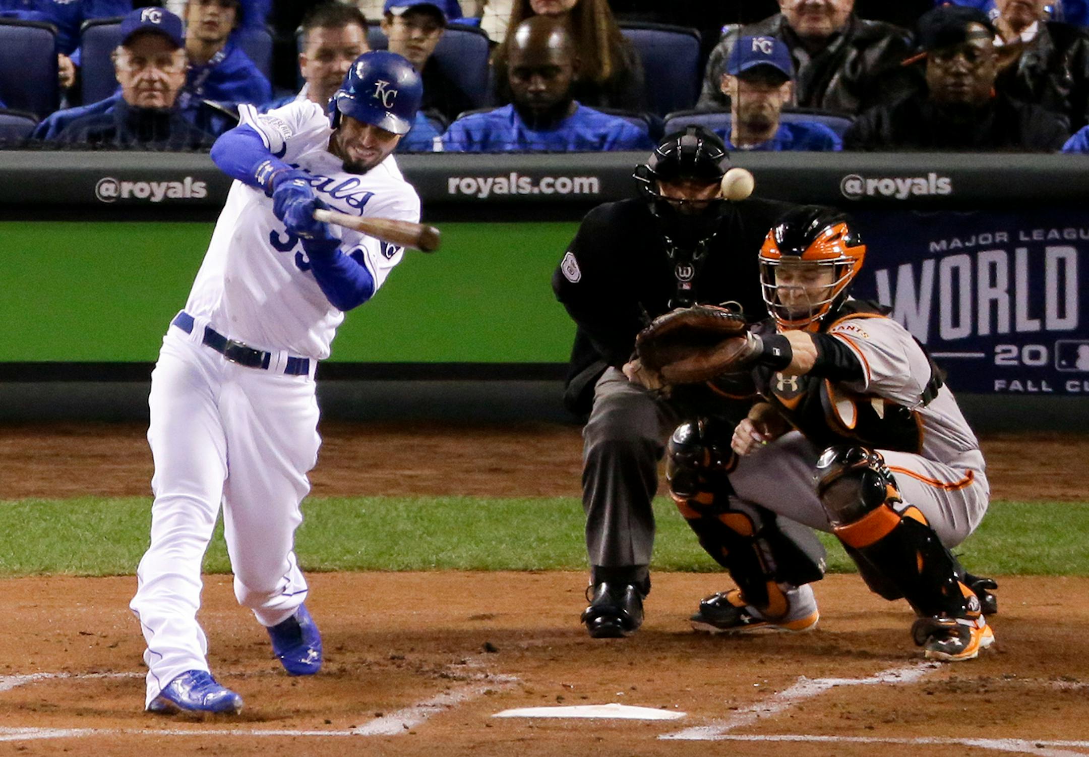 Kansas City Royals' Eric Hosmer hits single against the San Francisco Giants during the first inning of Game 6 of baseball's World Series Tuesday, Oct. 28, 2014, in Kansas City, Mo. (AP Photo/Charlie Riedel)