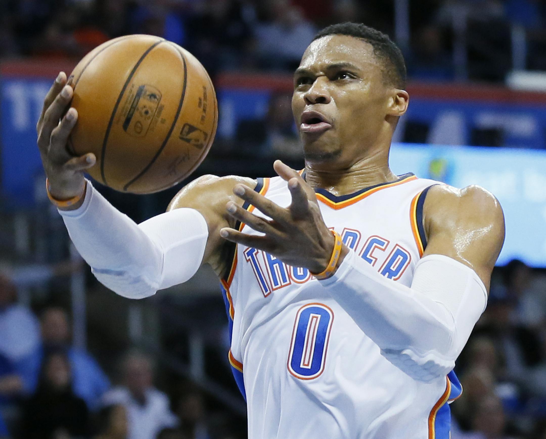Oklahoma City Thunder guard Russell Westbrook (0) during an NBA basketball game between the Indiana Pacers and the Oklahoma City Thunder in Oklahoma City, Wednesday, Oct. 25, 2017. (AP Photo/Sue Ogrocki)