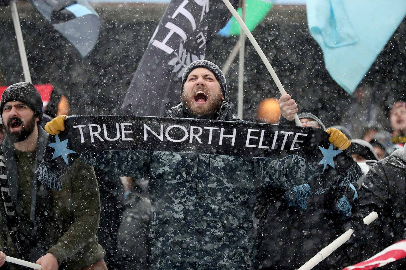 Minnesota United fans welcome the team onto the field before the Minnesota United FC took on Atlanta United on Sunday, March 12, 2017 at TCF Bank Stadium, in Minneapolis, Minn. True North Elite, established in 2015 to be a "boisterous voice during Minnesota United FC matches," identifies itself as "an anti-racist, anti-homophobic and anti-violent soccer supporter group from Minnesota." (Elizabeth Flores/Minneapolis Star Tribune/TNS) ORG XMIT: 1198831