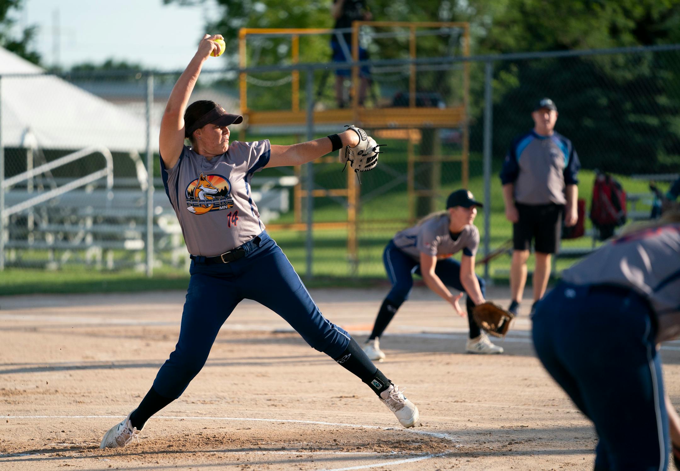 Aussie Pepper's Tarni Stepto (14) was the starting pitcher during a game against the Canadian Wild in North Mankato, Minn. Wednesday, July 3, 2019. ] RENEE JONES SCHNEIDER ¥ renee.jones@startribune.com