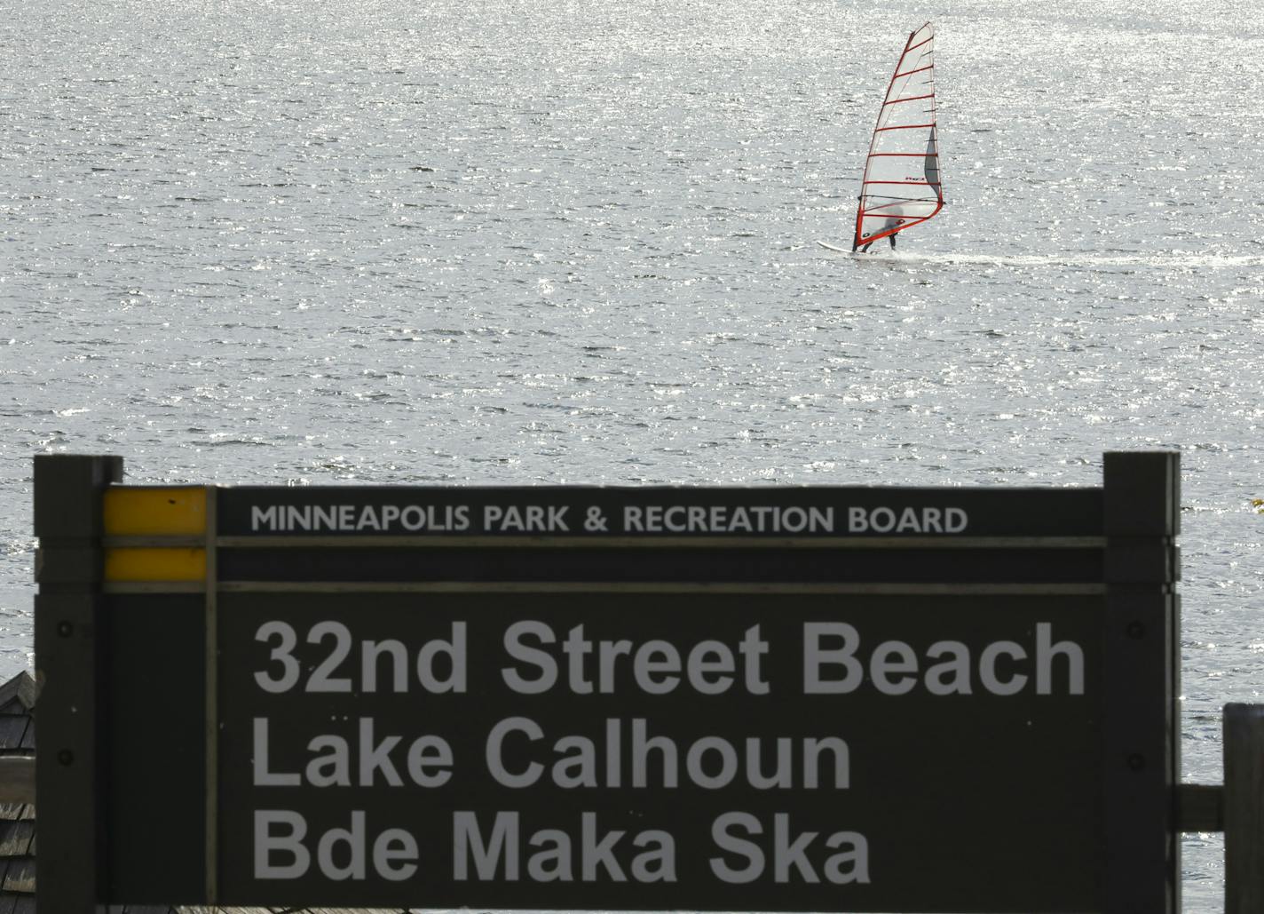 A windsurfer on Lake Calhoun Wedneday afternoon. ] JEFF WHEELER &#xef; jeff.wheeler@startribune.com The Minneapolis Park Board will take its final vote Wednesday evening, May 2, 2017 on changing Lake Calhoun's name to Bde Maka Ska.