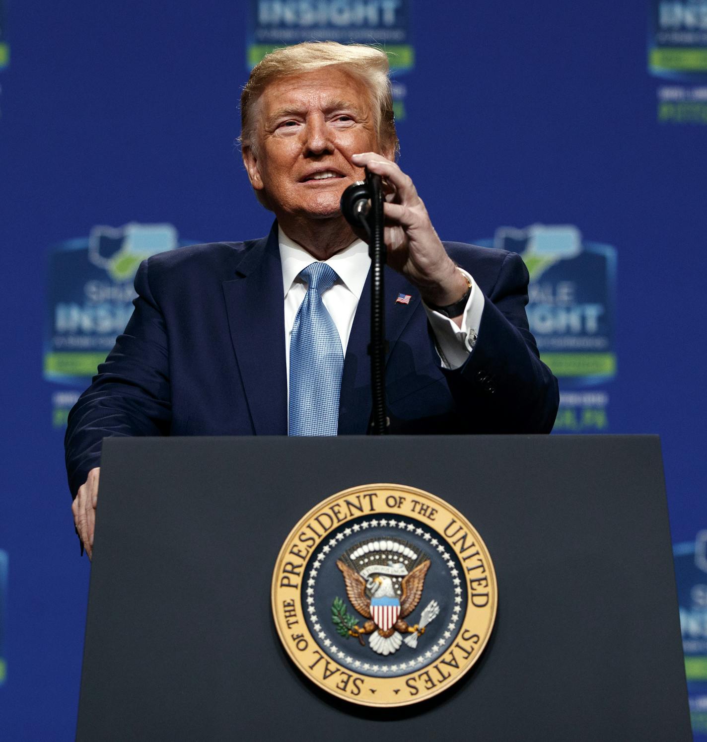 President Donald Trump speaks at the 9th annual Shale Insight Conference at the David L. Lawrence Convention Center, Wednesday, Oct. 23, 2019, in Pittsburgh. (AP Photo/Evan Vucci)