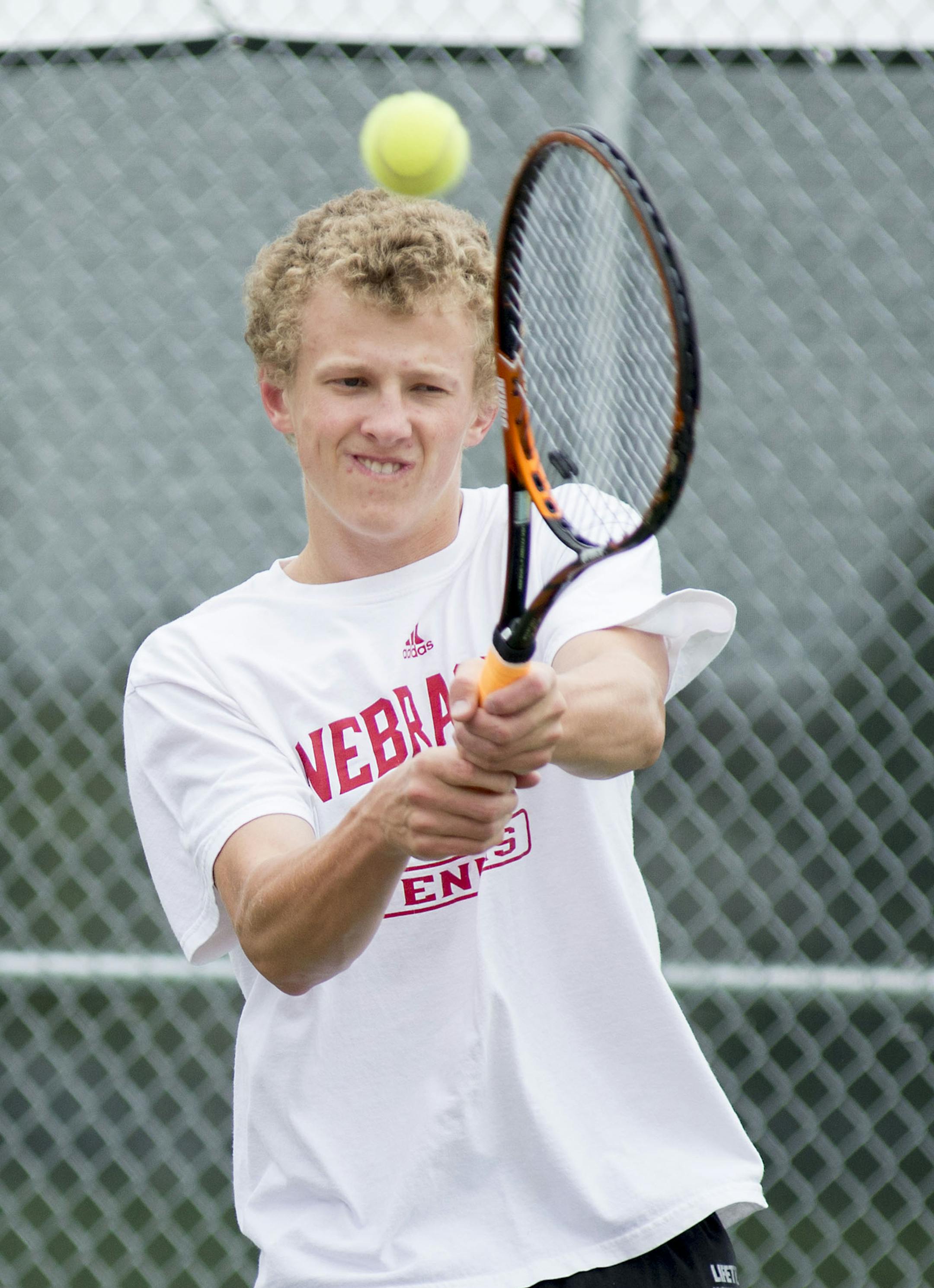 Forest Lake senior Toby Boyer practices with teammates at Forest Lake High School. ] BRIDGET BENNETT SPECIAL TO THE STAR TRIBUNE • bridget.bennett@startribune.com Forest Lake senior Toby Boyer practices with teammates at Forest Lake High School on Friday, May 8, 2015. Toby's older brother Dusty Boyer won a state-record four titles before going of play at Nebraska. Toby will also play at Nebraska. But Toby has lost in three sets in each of the last two Class 2A singles finals.