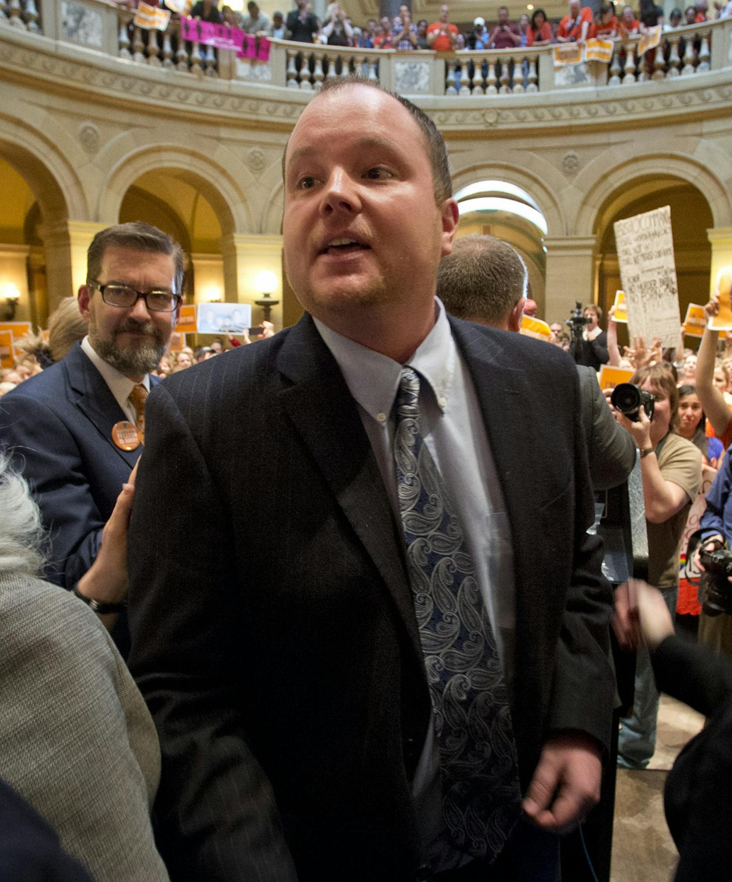 Republican Senator Branden Peterson was welcomed on the victory celebration stage. So far he is the lone Republican Senator in support of the bill which comes to the Senate Monday. . Thursday, May 9, 2013. ] GLEN STUBBE * gstubbe@startribune.com