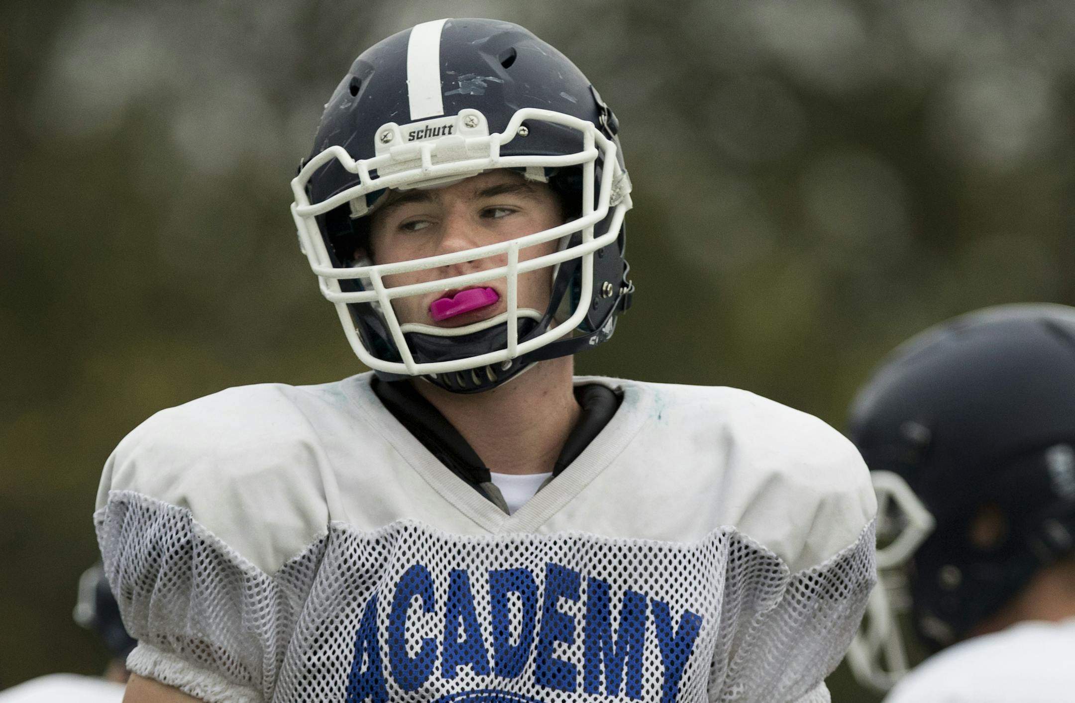 Charley Flanagan during practice at St. Thomas Academy in Mendota Heights, Minn., on Wednesday, September 21, 2016. ] RENEE JONES SCHNEIDER • renee.jones@startribune.com Great-grandson Charley Flanagan of Heisman winner Johnny Lujack is a team captain at St. Thomas Academy.