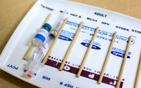 A measles, mumps and rubella vaccine, ready for administration at a high school in Portland, Ore., in 2019.