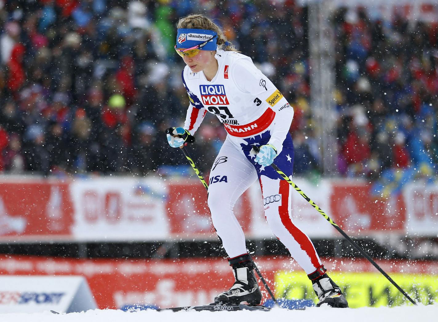 United States' Jessica Diggins competes during the 10 km Individual competition at the Nordic Skiing World Championships in Falun, Sweden, Tuesday, Feb. 24, 2015. Diggins placed second. (AP Photo/Matthias Schrader)