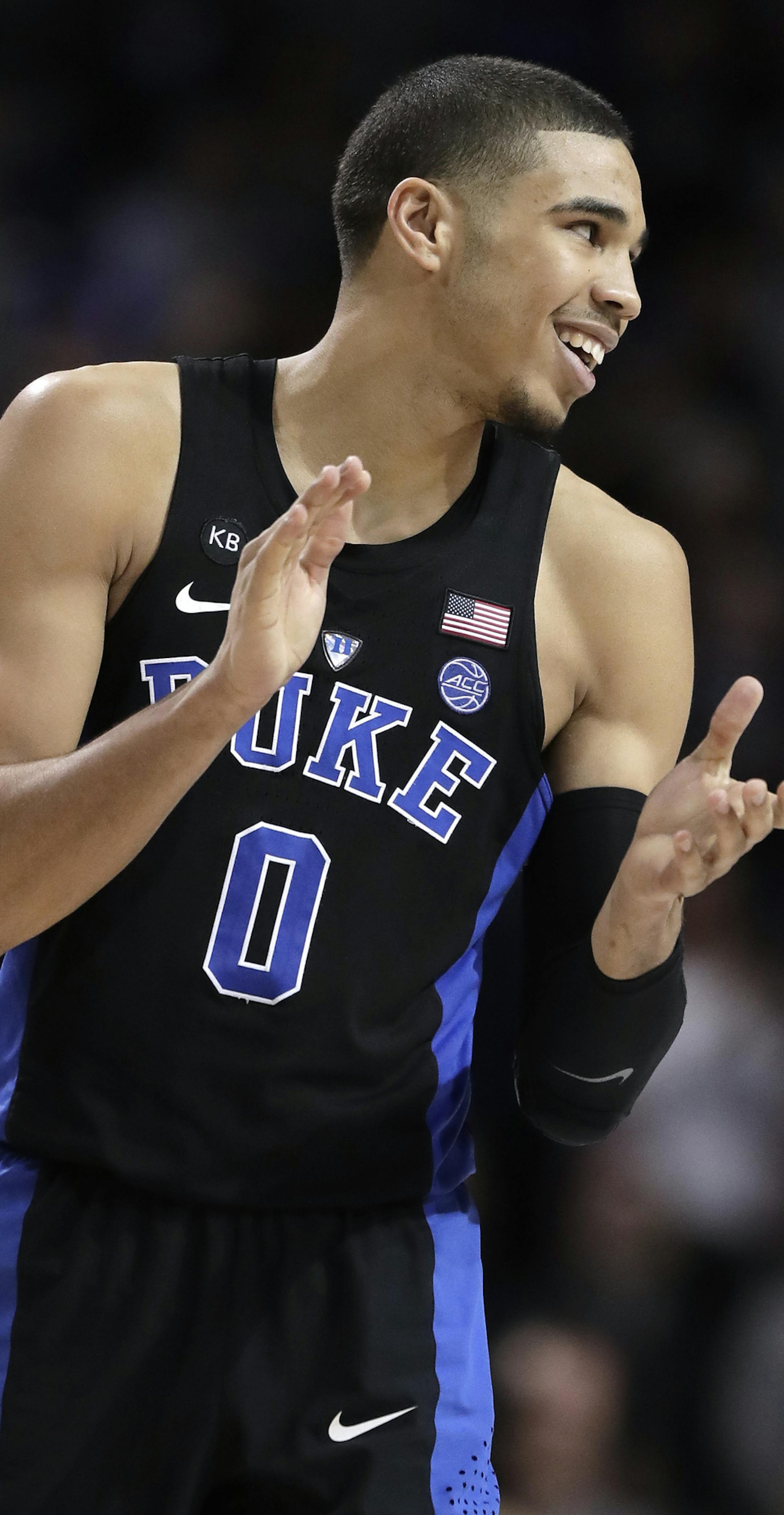 Duke forward Jayson Tatum (0) reacts in the second half of an NCAA college basketball game against the North Carolina during the semifinals of the Atlantic Coast Conference tournament, Friday, March 10, 2017, in New York. Duke won 93-83.(AP Photo/Julie Jacobson) ORG XMIT: NYJJ114