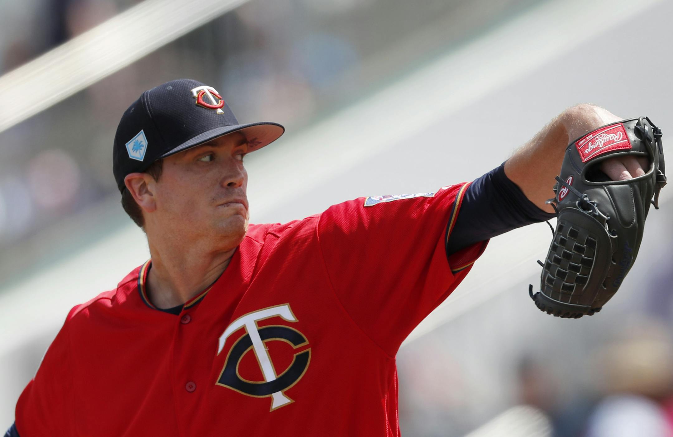 Minnesota Twins starting pitcher Kyle Gibson (44) works in the second inning of a spring training baseball game against the Detroit Tigers Monday, March 11, 2019, in Fort Myers, Fla. (AP Photo/John Bazemore)