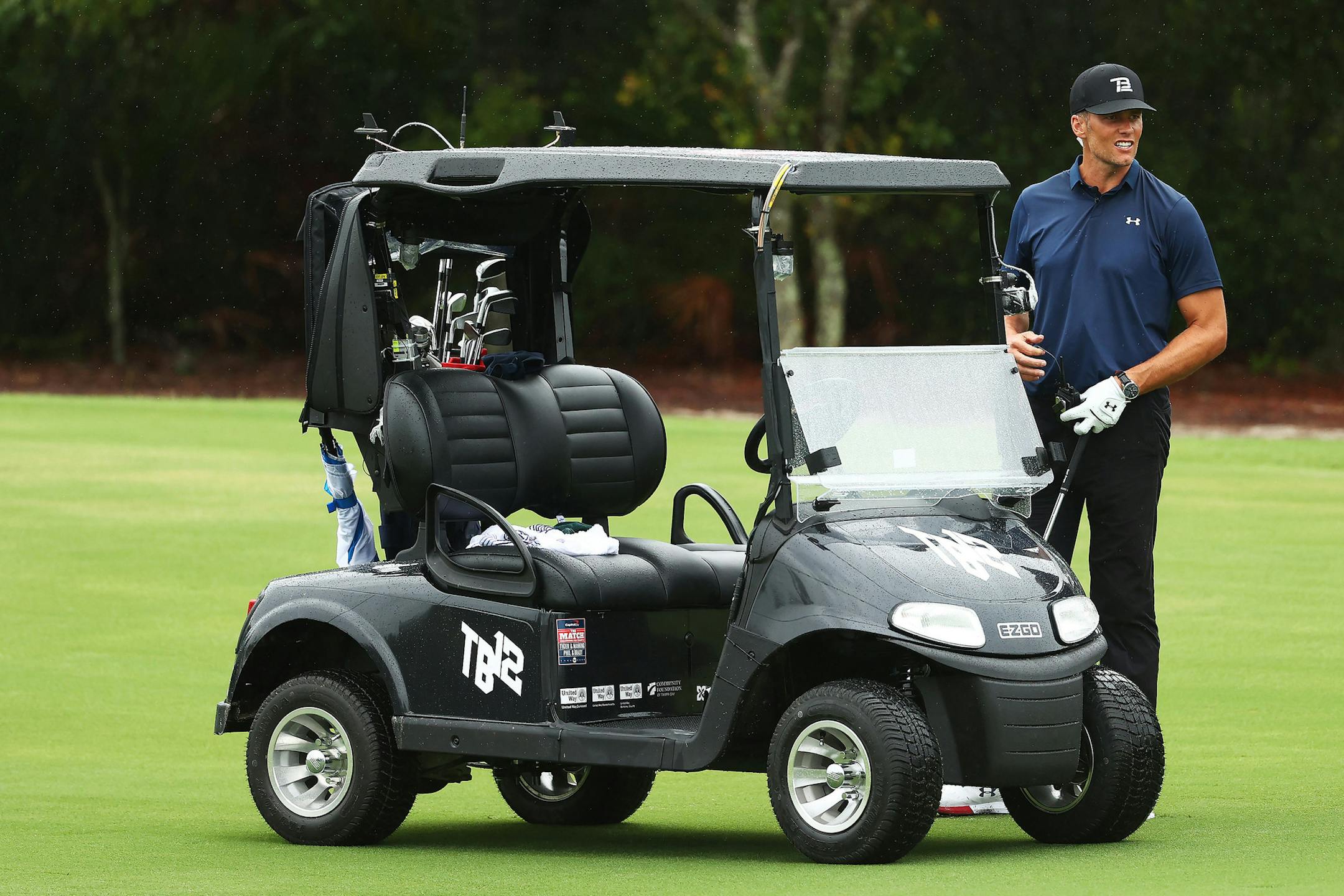 NFL quarterback Tom Brady of the Tampa Bay Buccaneers reacts after holing out from the fairway on the seventh during The Match: Champions For Charity at Medalist Golf Club on Sunday, May 24, 2020 in Hobe Sound, Fla. (Mike Ehrmann/Getty Images for The Match/TNS)