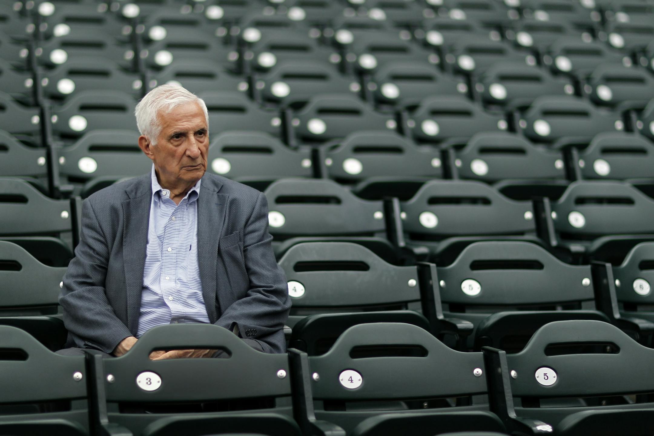 Star Tribune sports columnist Sid Hartman sat in the stands at Target Field in Minneapolis, Minn.