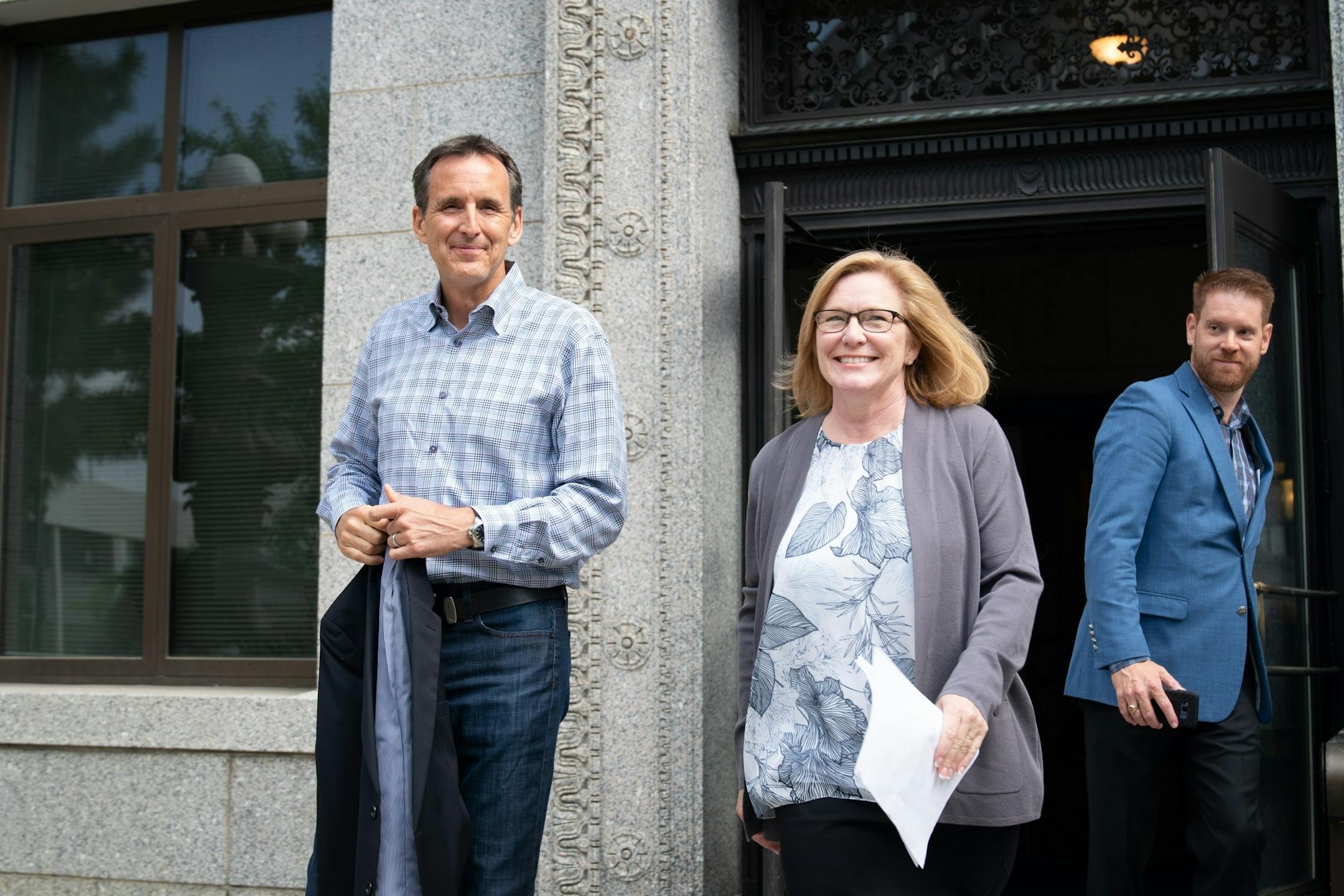 Former Gov. Tim Pawlenty and Lt. Governor Michelle Fischbach left the State Office building after their announcement that she would be his running mate as he runs for a third term.