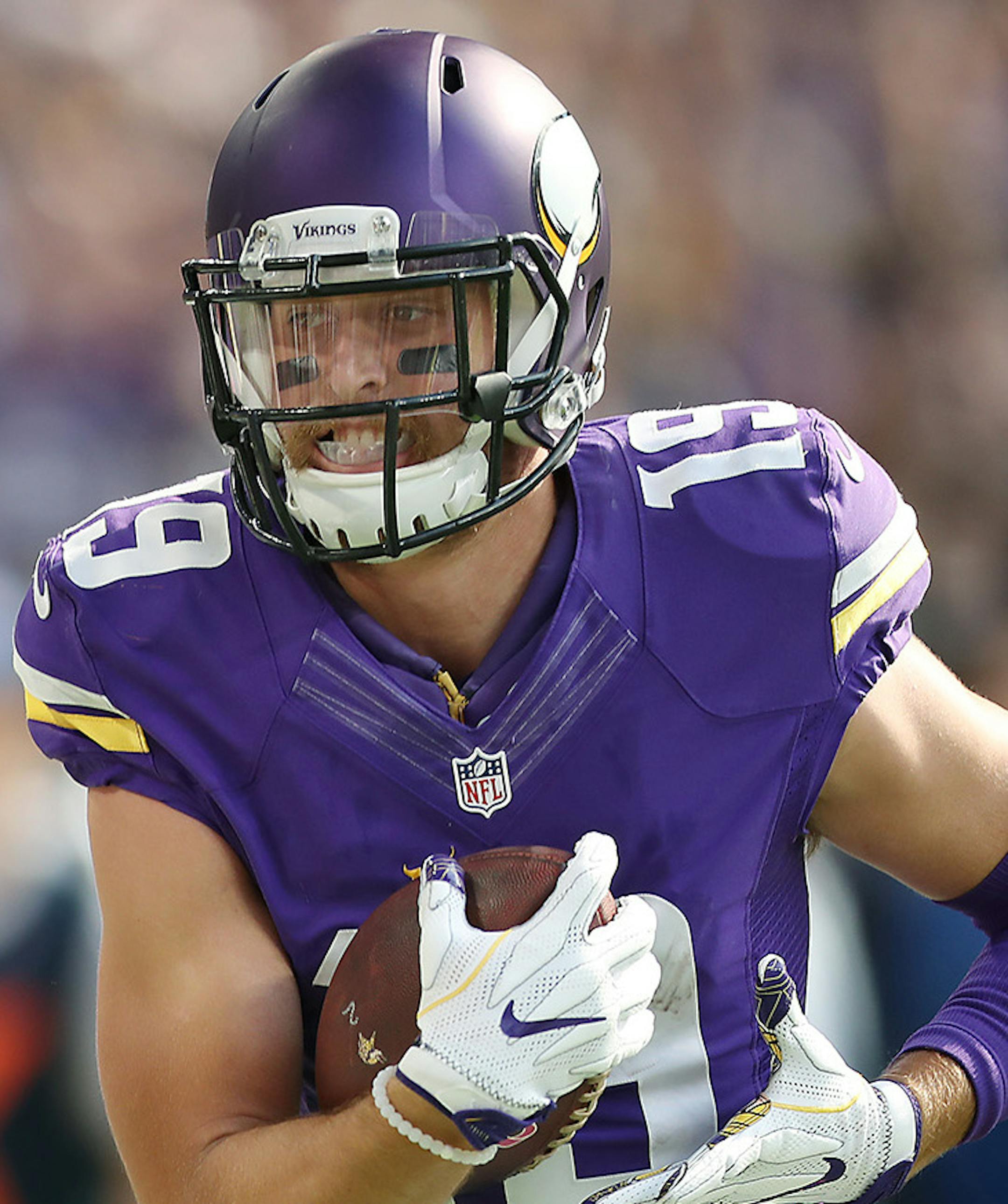 Minnesota Vikings wide receiver Adam Thielen ran into the end zone after he caught a touchdown pass in the first quarter as they took on the Houston Texans at US Bank Stadium, Sunday, October 9, 2016 in Minneapolis, MN. ] (ELIZABETH FLORES/STAR TRIBUNE) ELIZABETH FLORES &#x2022; eflores@startribune.com
