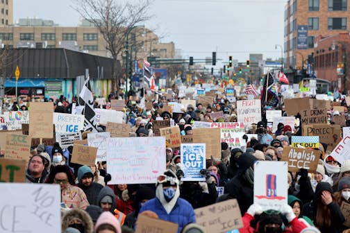 Thousands of people march together, calling for justice for Renee Nicole Good and for ICE to leave Minnesota, in Minneapolis on Jan. 10, 2026.