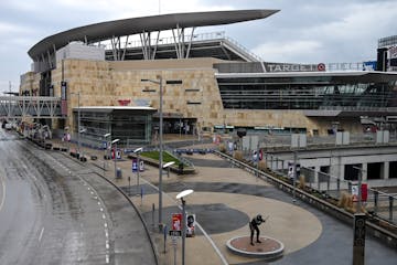 Target Field Plaza on the day before the Twins home opener in April 2021.