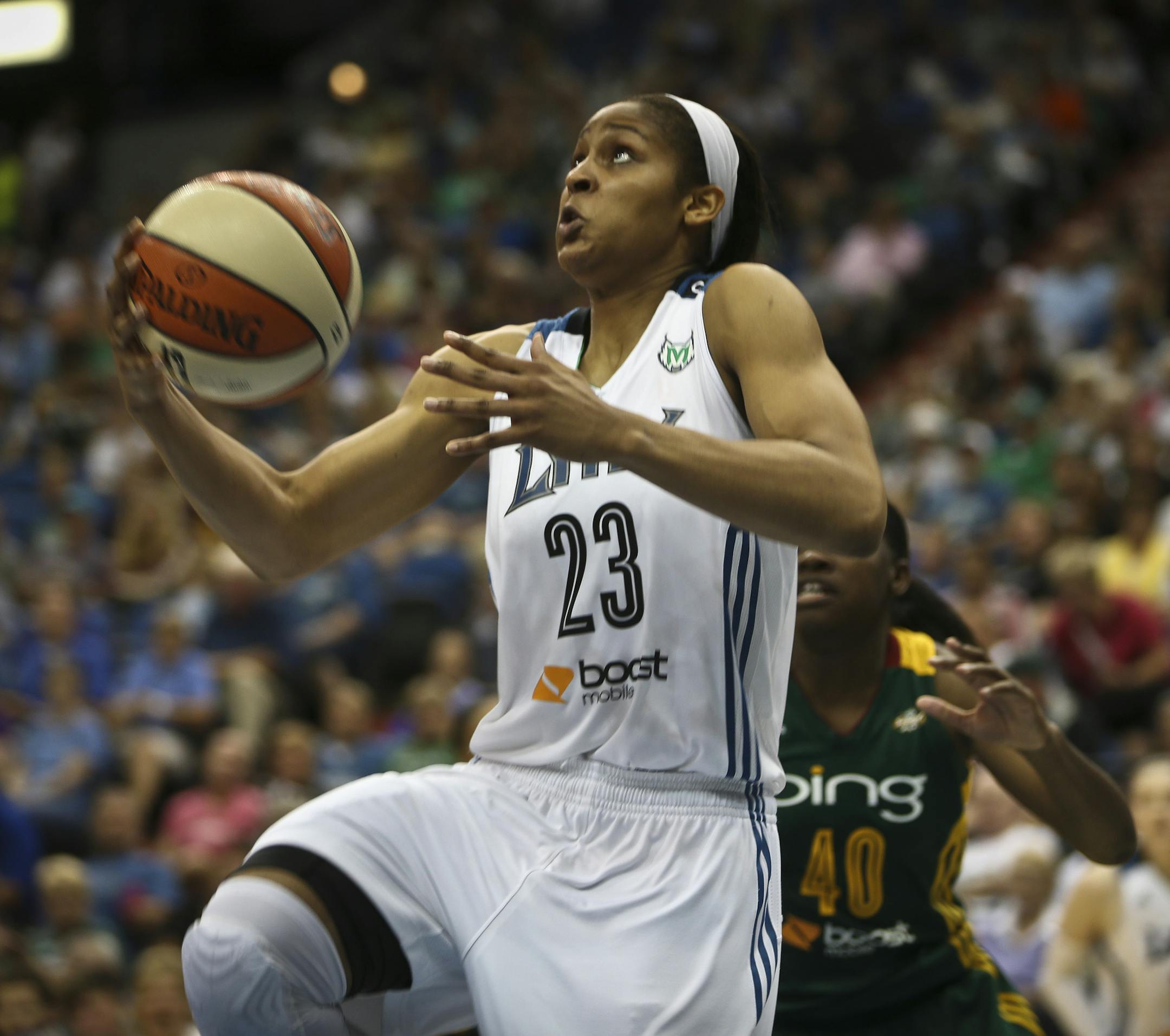 Lynx forward Maya Moore, who scored 16 points and blocked three shots, went up for a layup against Seattle in the second half Sunday at Target Center. The Lynx beat the Storm 90-72.