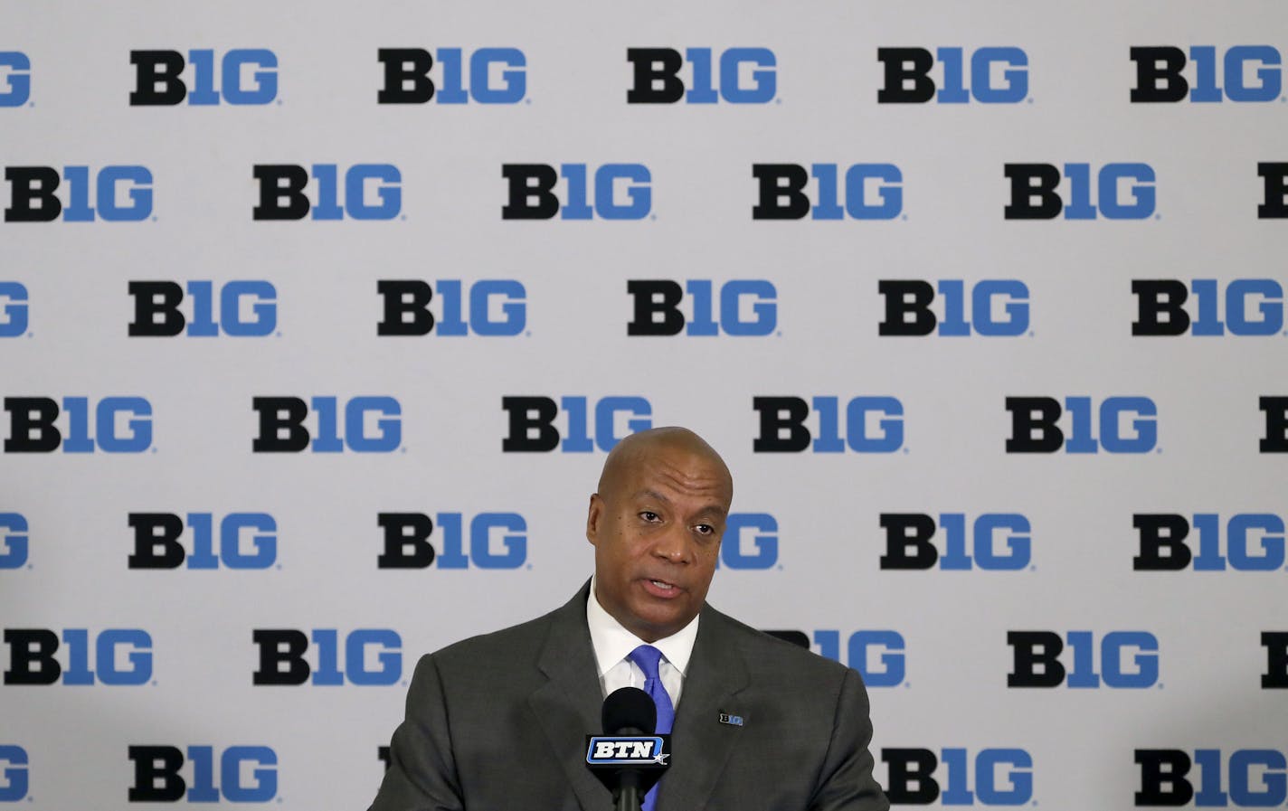 Kevin Warren talks to reporters after being named Big Ten Conference Commissioner last June.