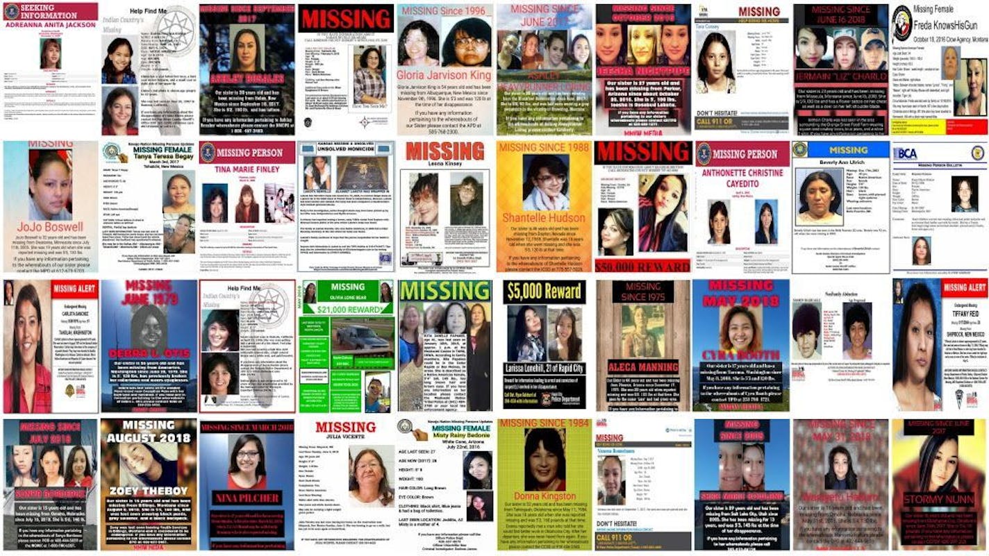 This combination of images from various law enforcement agencies and organizations shows posters of missing and murdered Native American women and girls as of September 2018. No one knows precisely how many there are because authorities don't have reliable statistics. But some call it an epidemic, a long-standing problem linked to inadequate resources and a confusing jurisdictional maze.