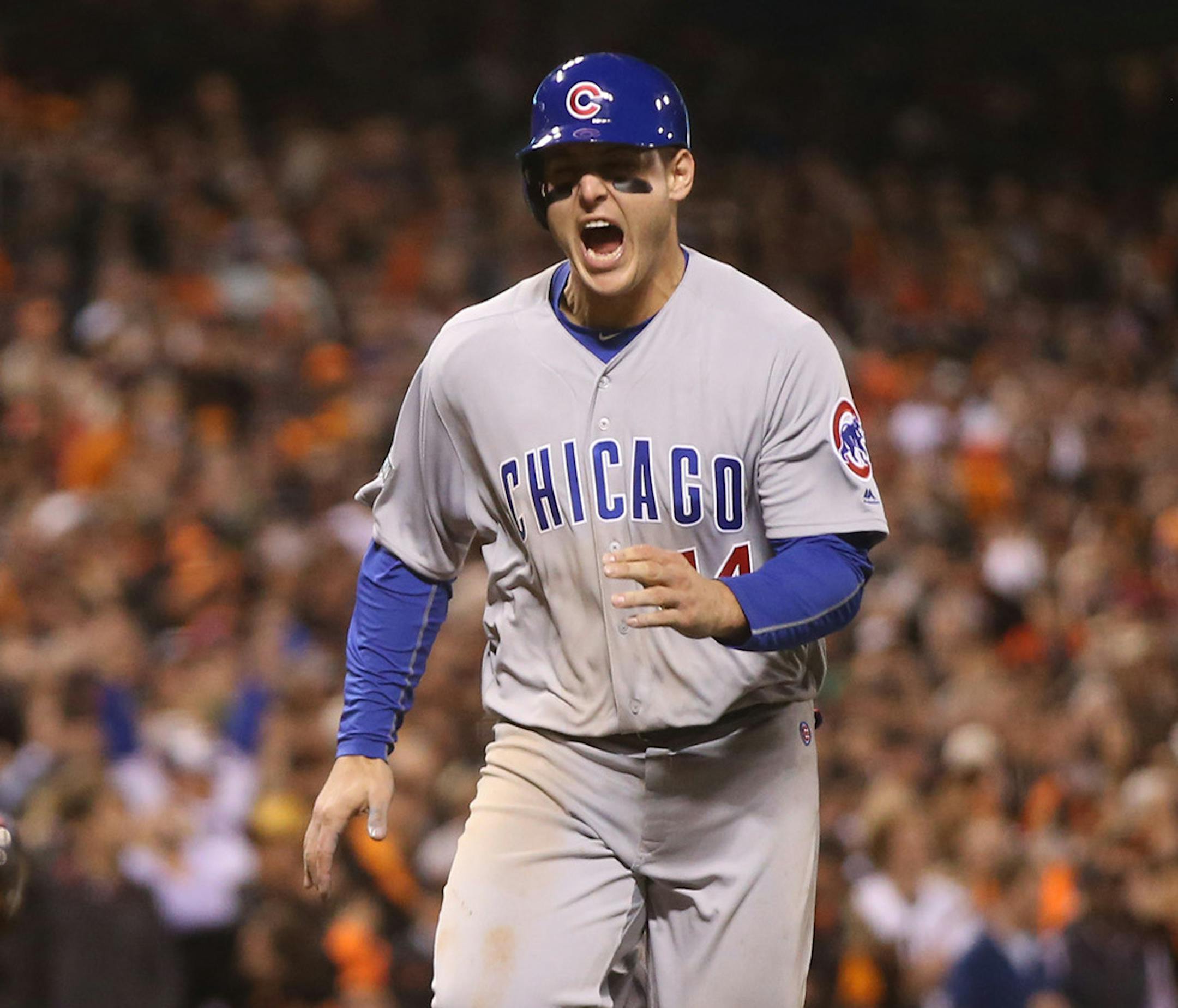 Chicago Cubs first baseman Anthony Rizzo (44) scores in the ninth inning in Game 4 of their National League Division Series at AT&T Park on Tuesday, Oct. 11, 2016 in San Francisco, Calif. (Brian Cassella/Chicago Tribune/TNS)