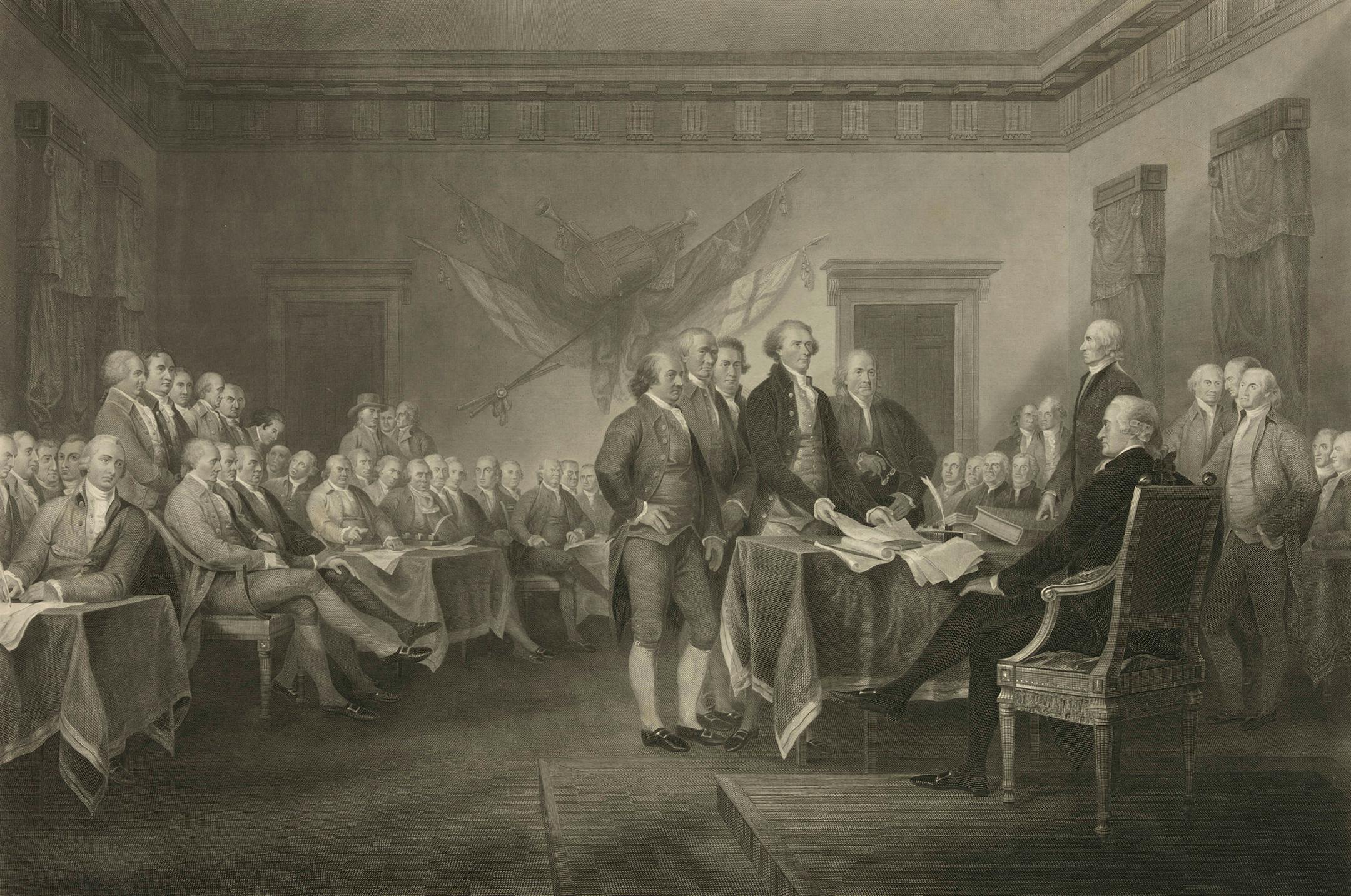 This 1876 engraving by W.L. Ormsby shows a version of the painting "Declaration of Independence, July 4th, 1776" by John Trumbull. To many, the notion of white men being marginalized in the early 21st century is ludicrous, their history seemingly a study in power and privilege, from the Founding Fathers to the "Mad Men" era and up through their continued dominance in boardrooms and government. Yet, they have suffered some real losses, even as they maintain advantages. (W.L. Ormsby/Library of Con