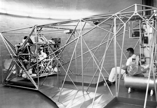 November 1, 1959 The Mayo Clinic's Big Centrifuge ready to operate Dr. Earl Wood, right, will turn on lights in front of Dr. Terence Mc Guire In the cockpit. McGuire will continue to turn them off as long as he can while under pressure from the whirling device. "Top rider" Dr. Evan Lindberg will help test McGuire's reactions. October 30, 1959 October 31, 1959 John Croft, Minneapolis Star Tribune