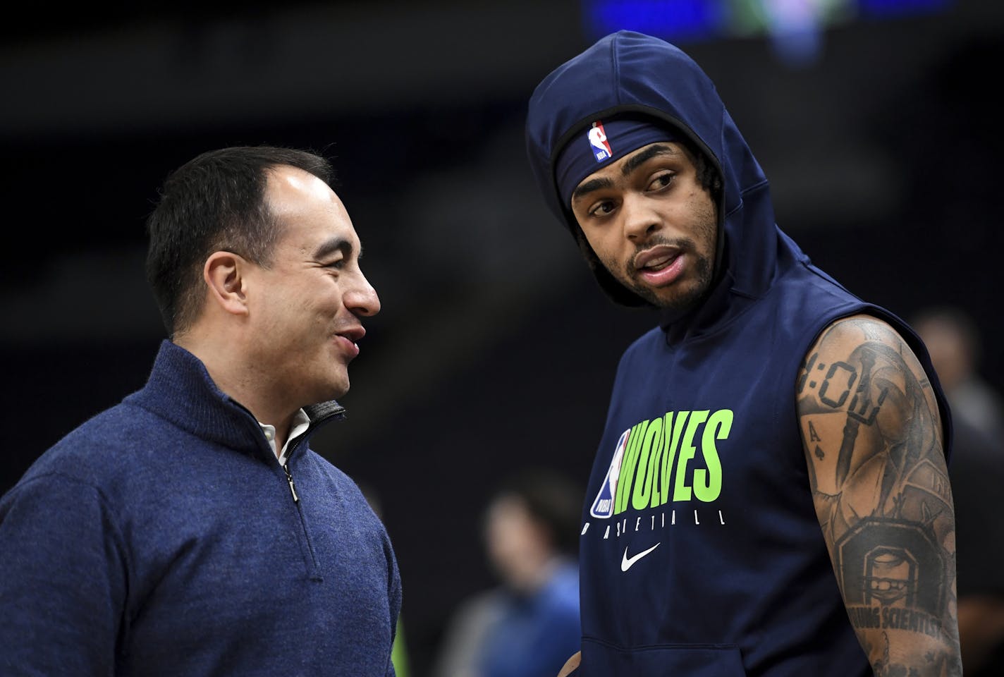 Gersson Rosas, president of basketball operations for the Minnesota Timberwolves, talked to newly acquired guard D'Angelo Russell before Saturday night's game against the LA Clippers. ] Aaron Lavinsky • aaron.lavinsky@startribune.com The Minnesota Timberwolves played the Los Angeles Clippers on Saturday, Feb. 8, 2020 at Target Center in Minneapolis, Minn.